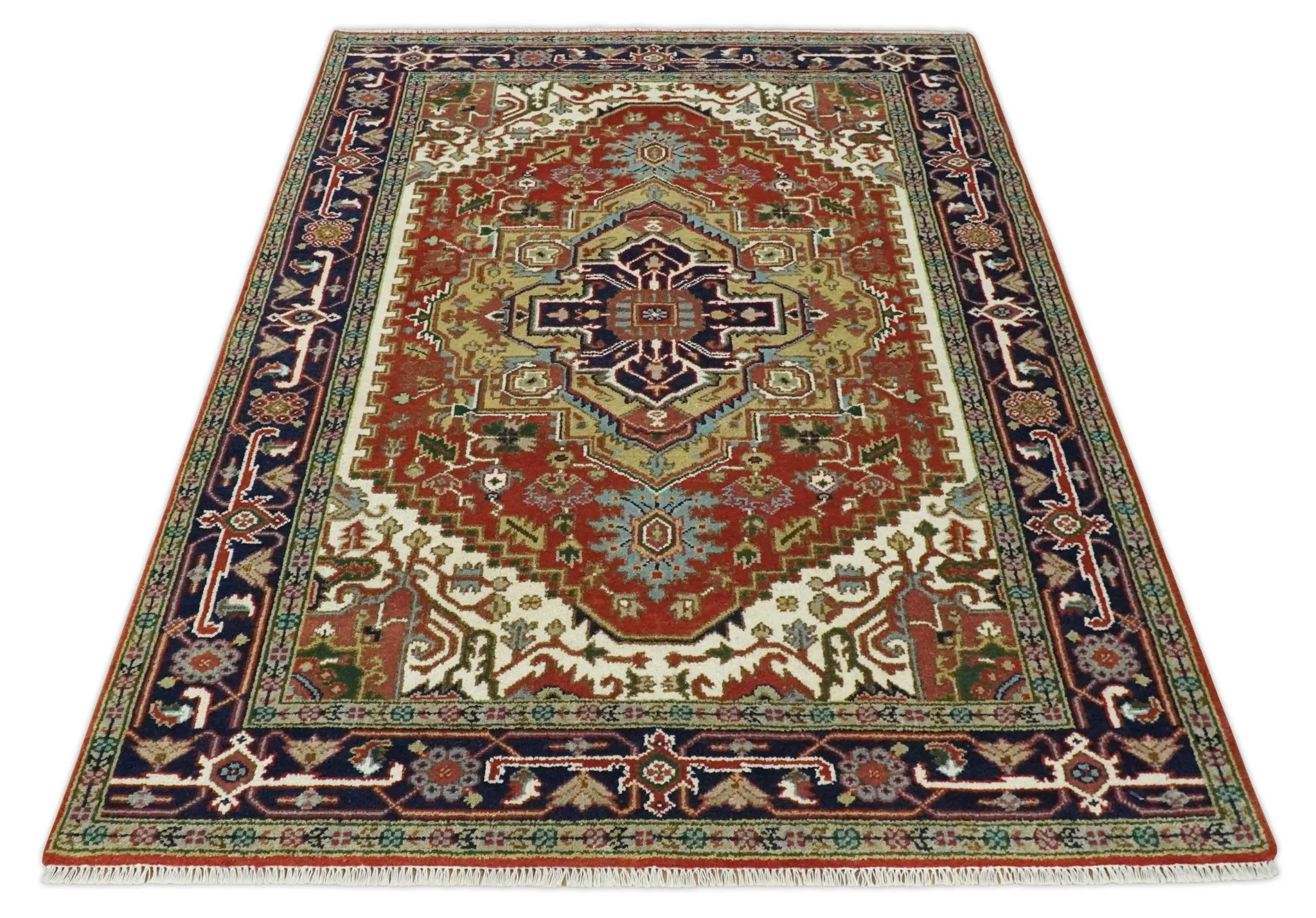 Traditional Blue, Rust and Ivory Heriz Serapi Hand knotted Multi Size wool Area Rug - Image 9