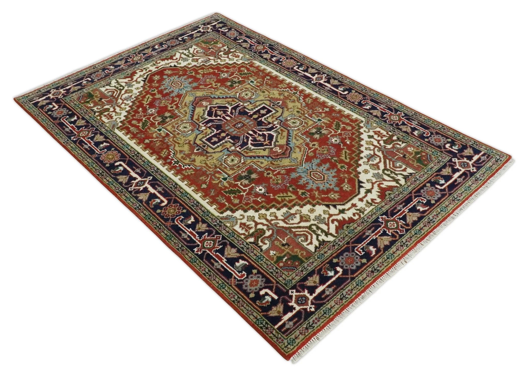 6x9 and runner Traditional Blue, Rust and Ivory Hand knotted wool Area Rug - Image 9
