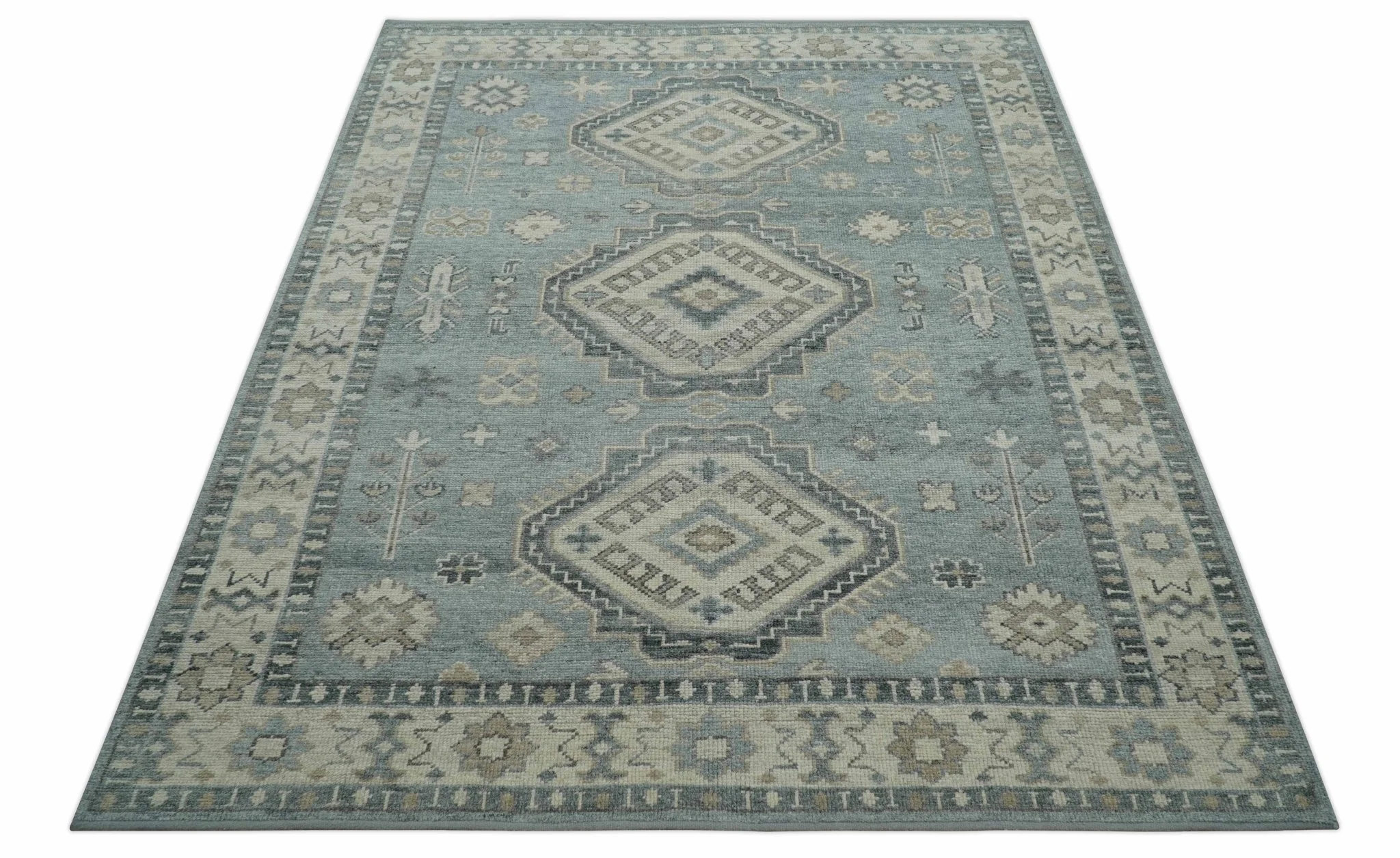 Traditional Medallions Design Blue And Beige Custom Made Wool And Linen Blend Rug - Image 10