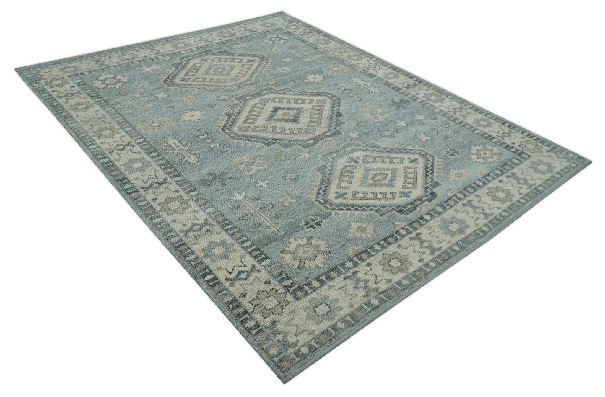 Traditional Medallions Design Blue And Beige Custom Made Wool And Linen Blend Rug - Image 11