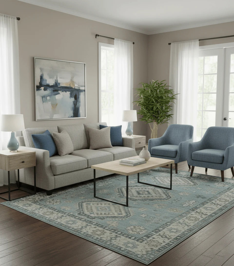 Traditional Medallions Design Blue And Beige Custom Made Wool And Linen Blend Rug - Image 2