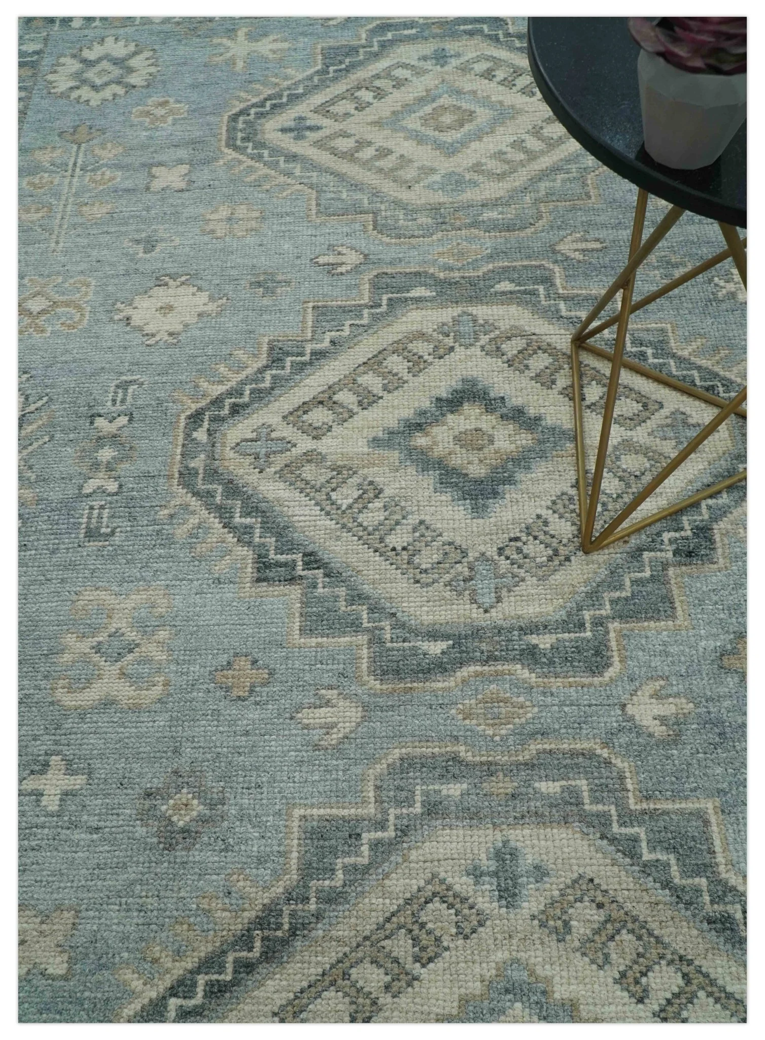 Traditional Medallions Design Blue And Beige Custom Made Wool And Linen Blend Rug - Image 8