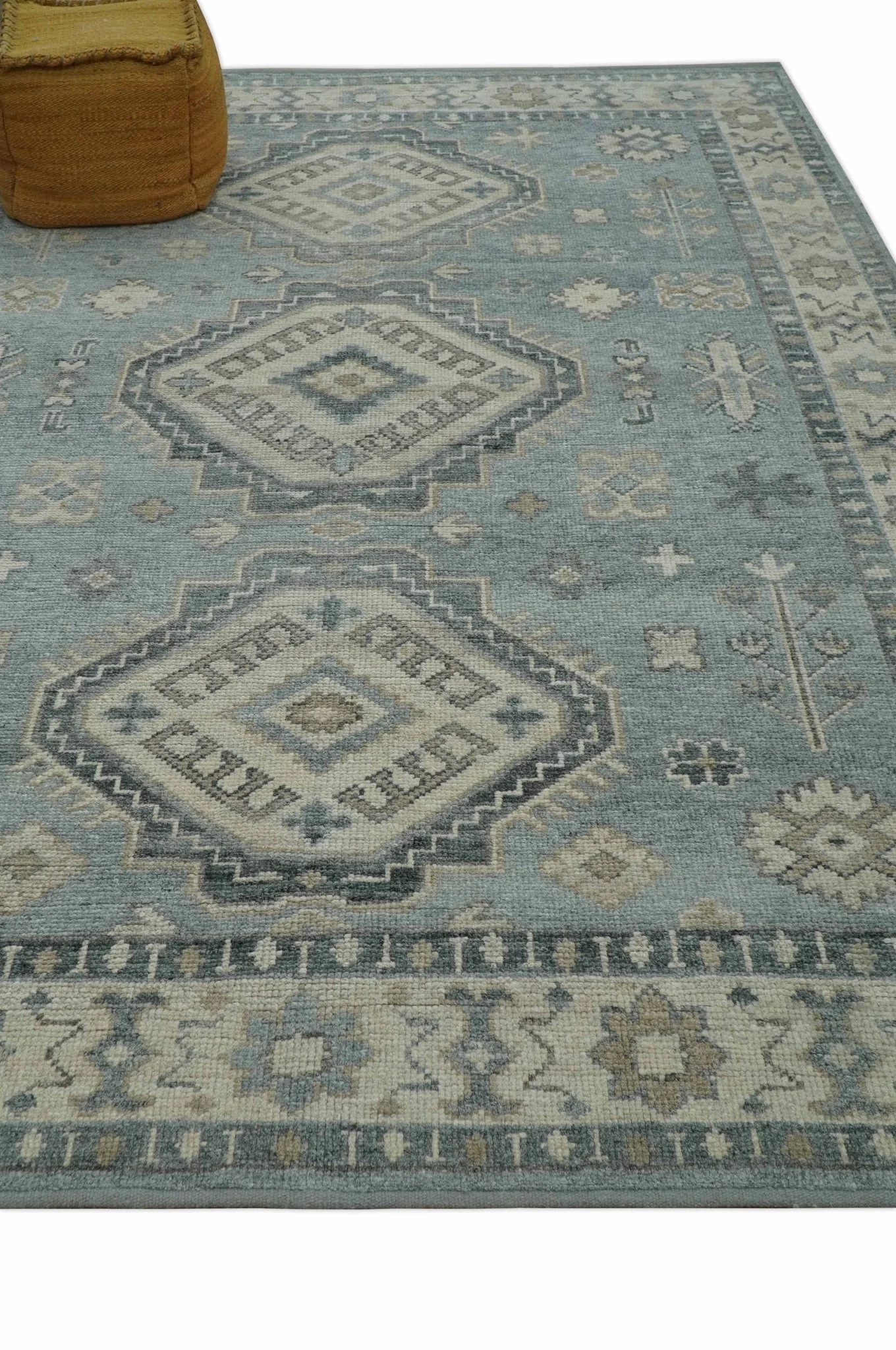 Traditional Medallions Design Blue And Beige Custom Made Wool And Linen Blend Rug - Image 9