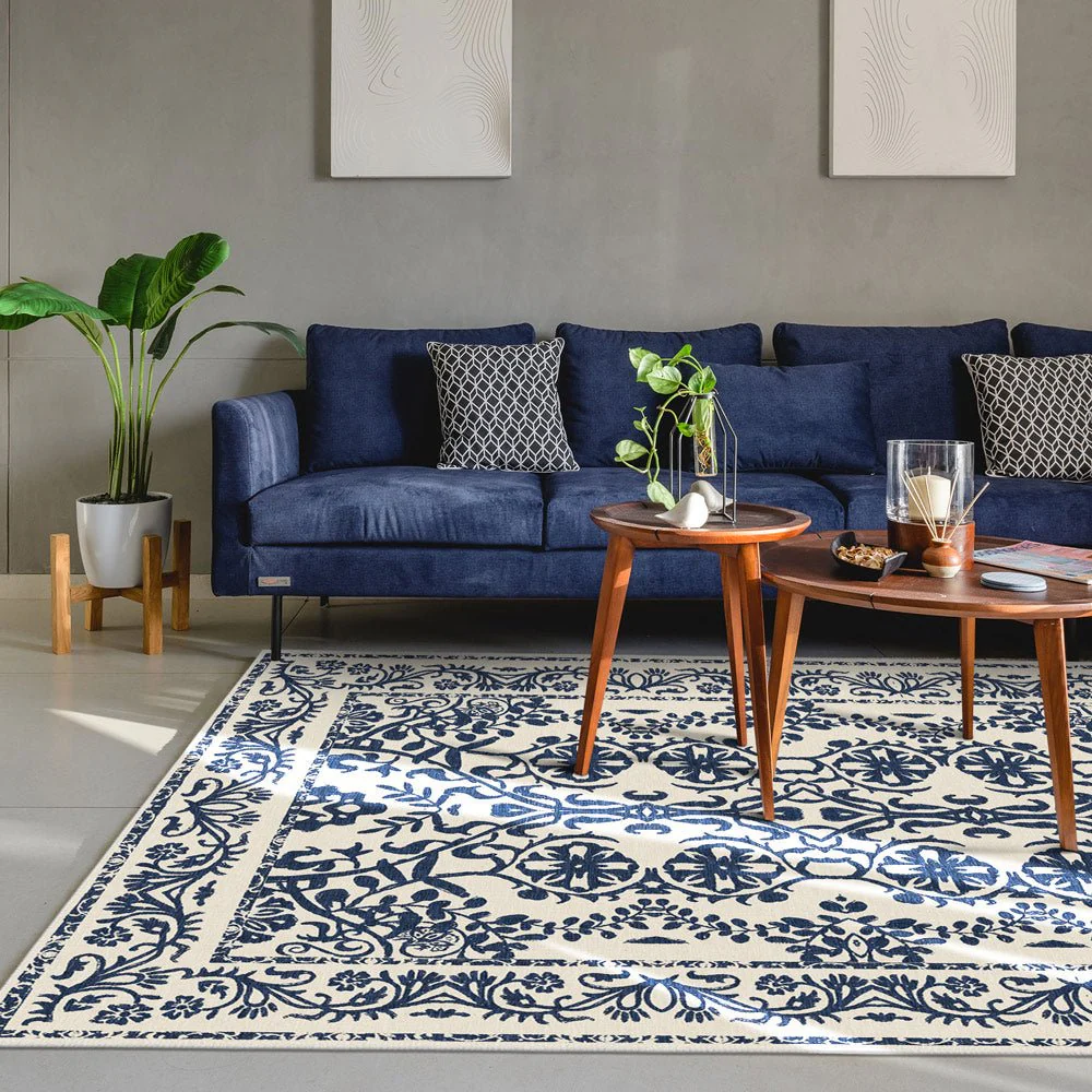 Traditional Leaf's and Flower Blue And Beige Machine Washable Area Rug - Image 2