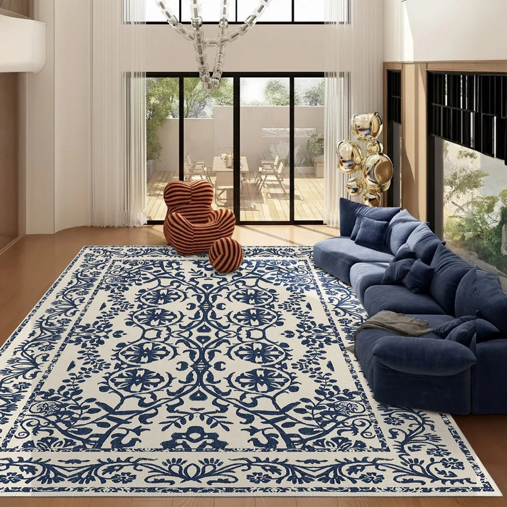 Traditional Leaf's and Flower Blue And Beige Machine Washable Area Rug - Image 3