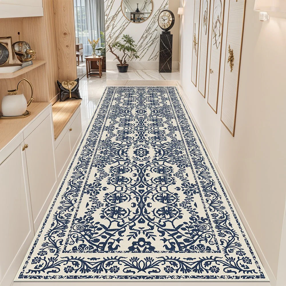 Traditional Leaf's and Flower Blue And Beige Machine Washable Area Rug - Image 4