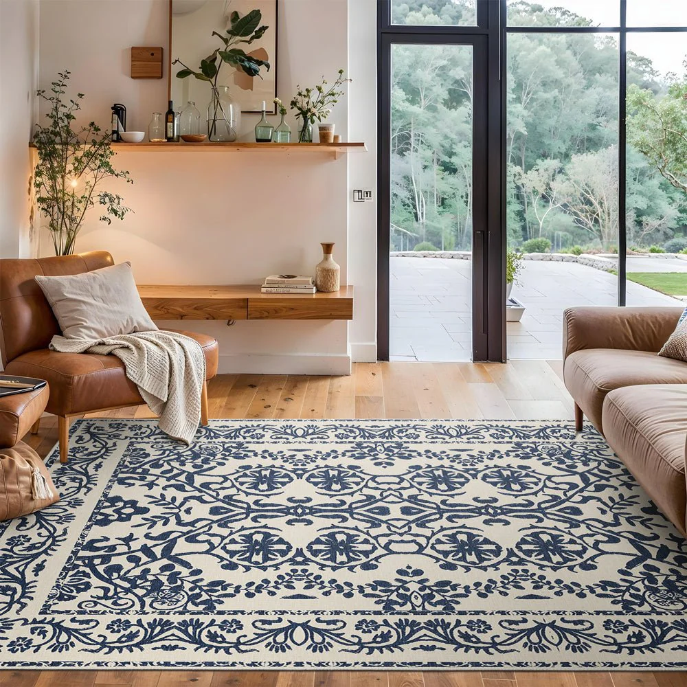 Traditional Leaf's and Flower Blue And Beige Machine Washable Area Rug - Image 5