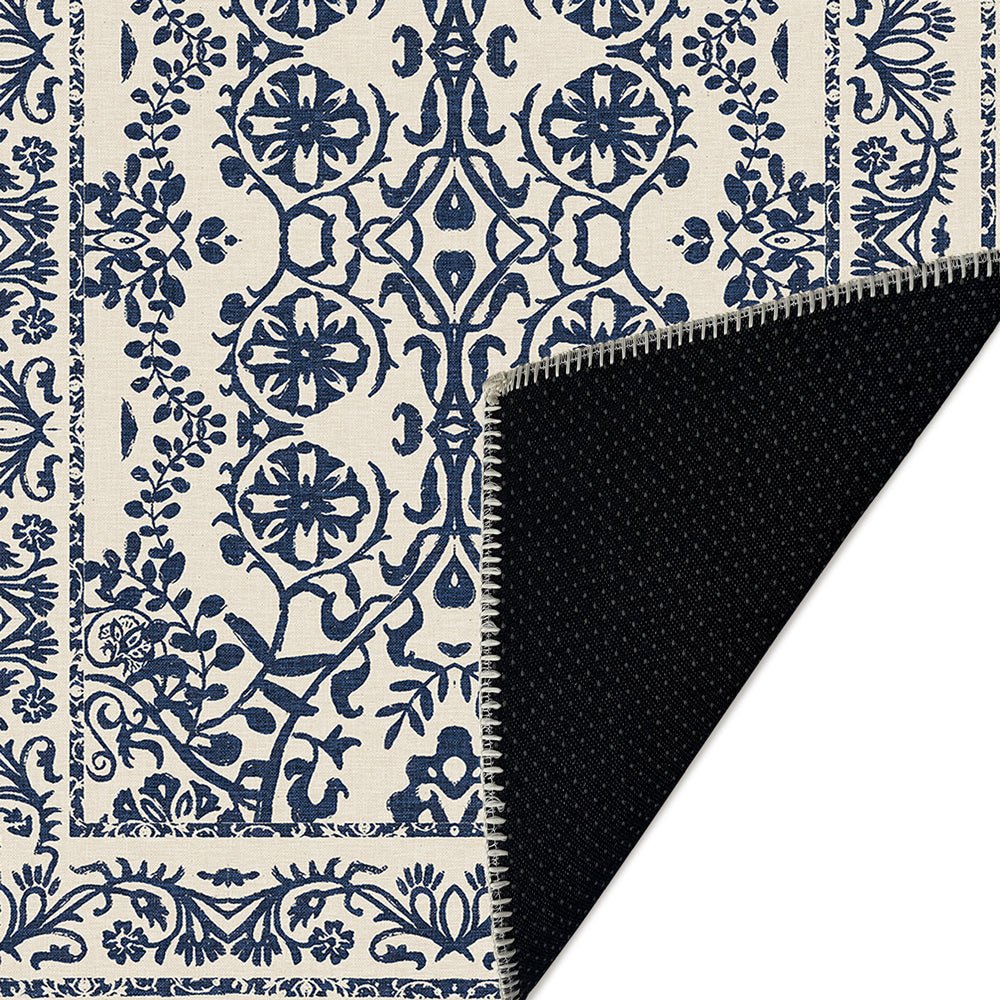 Traditional Leaf's and Flower Blue And Beige Machine Washable Area Rug - Image 6
