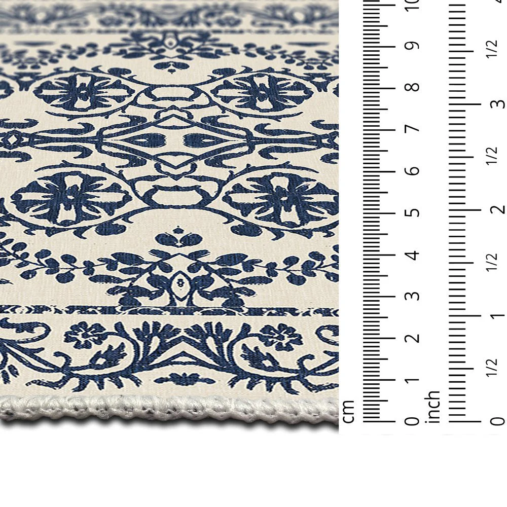 Traditional Leaf's and Flower Blue And Beige Machine Washable Area Rug - Image 7