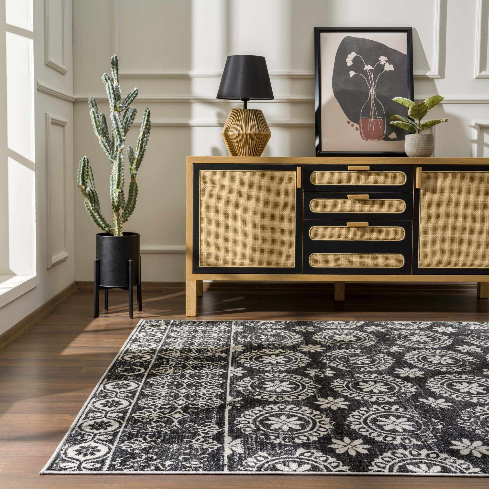 Traditional Charcoal and Ivory Low Pile Washable Area Rug - Image 15