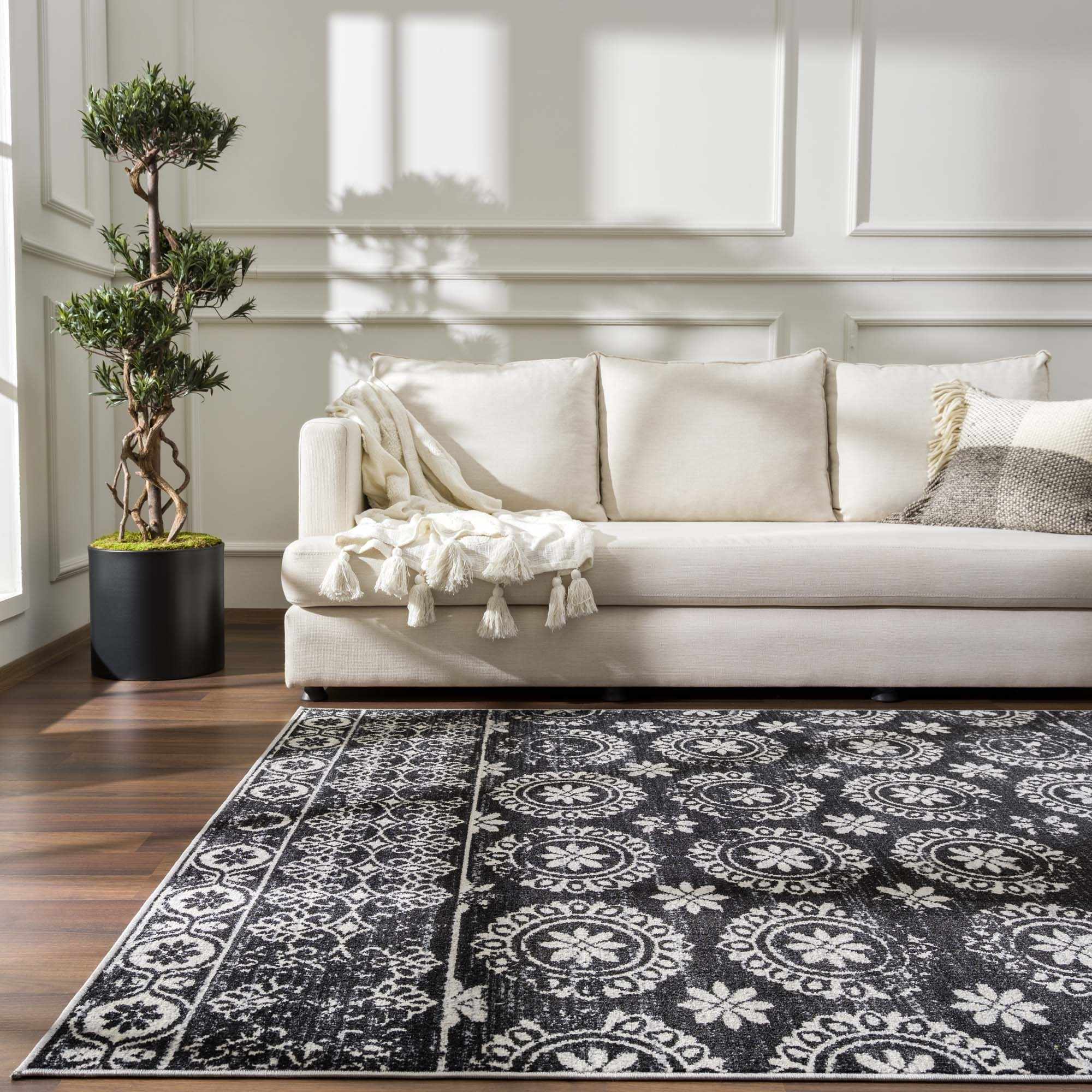 Traditional Charcoal and Ivory Low Pile Washable Area Rug - Image 16
