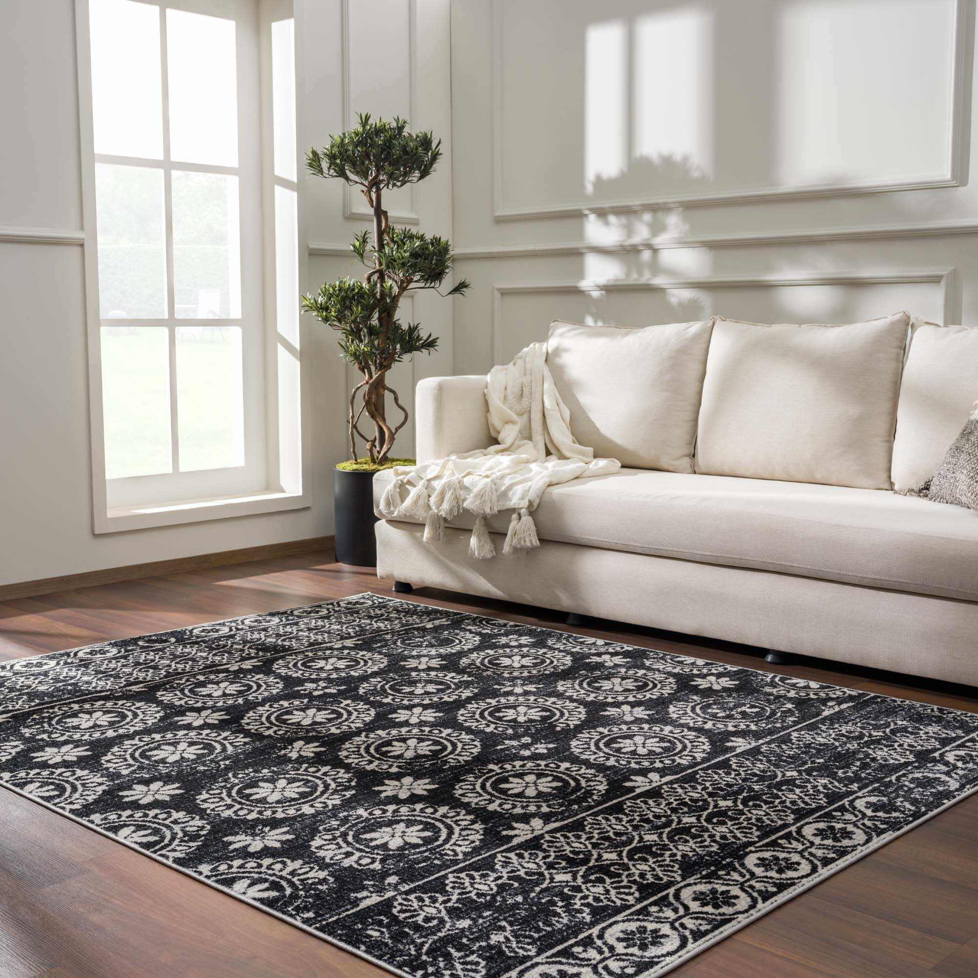 Traditional Charcoal and Ivory Low Pile Washable Area Rug - Image 2