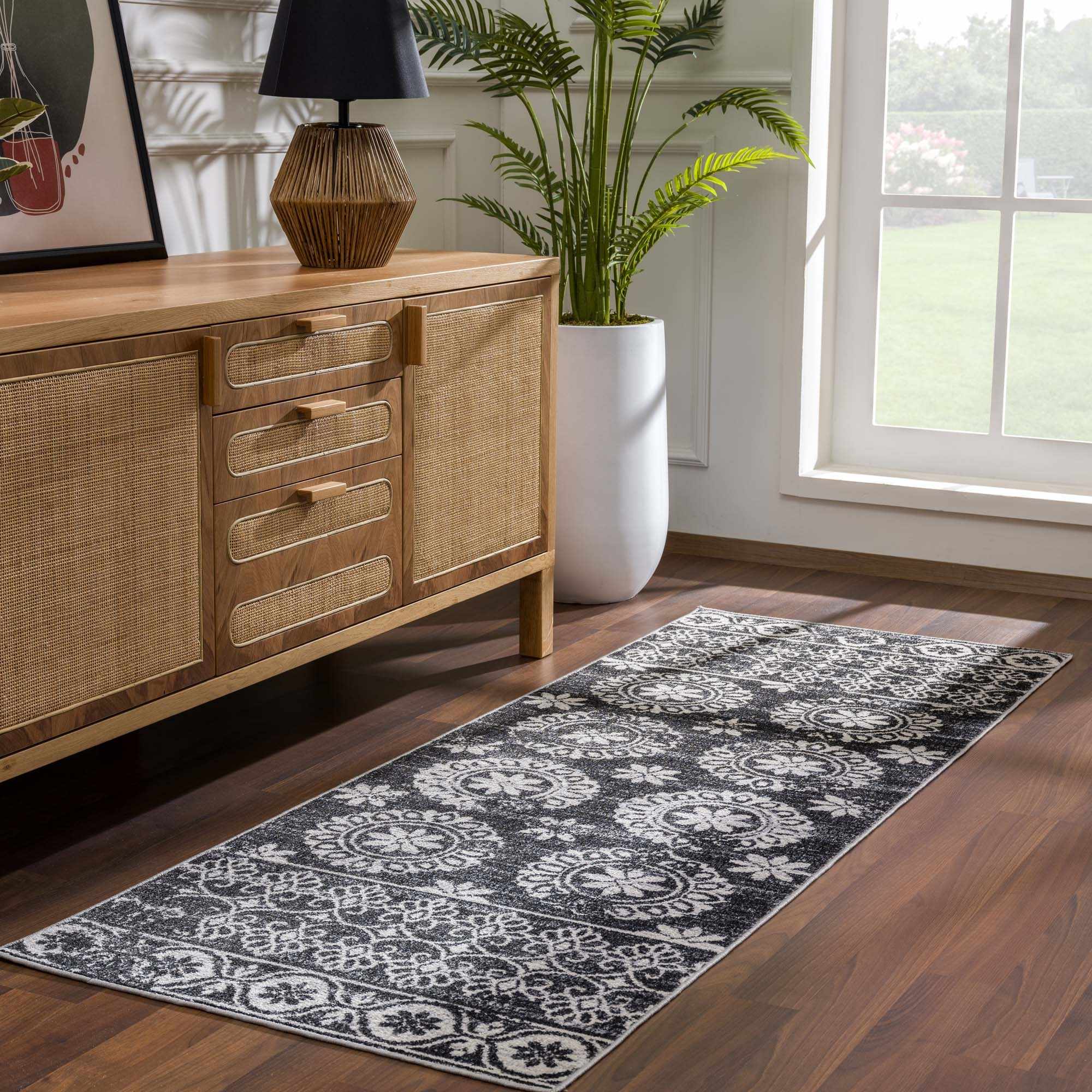 Traditional Charcoal and Ivory Low Pile Washable Area Rug - Image 3