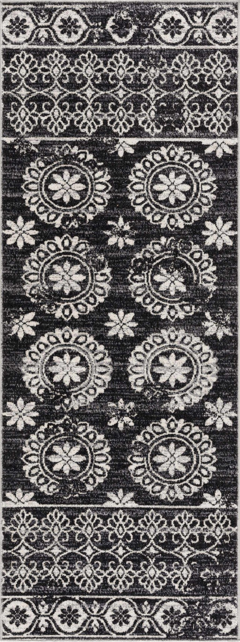 Traditional Charcoal and Ivory Low Pile Washable Area Rug - Image 4