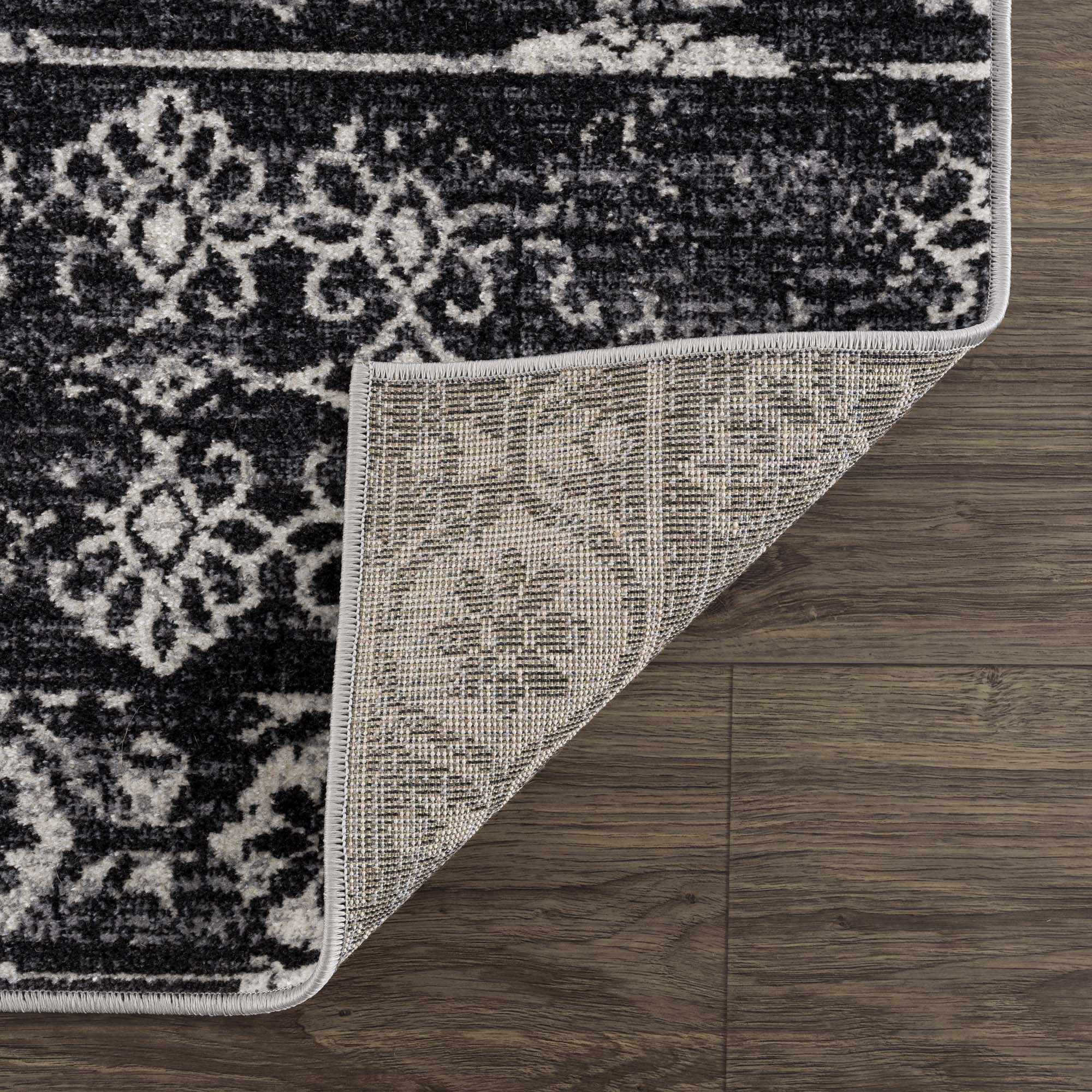 Traditional Charcoal and Ivory Low Pile Washable Area Rug - Image 6