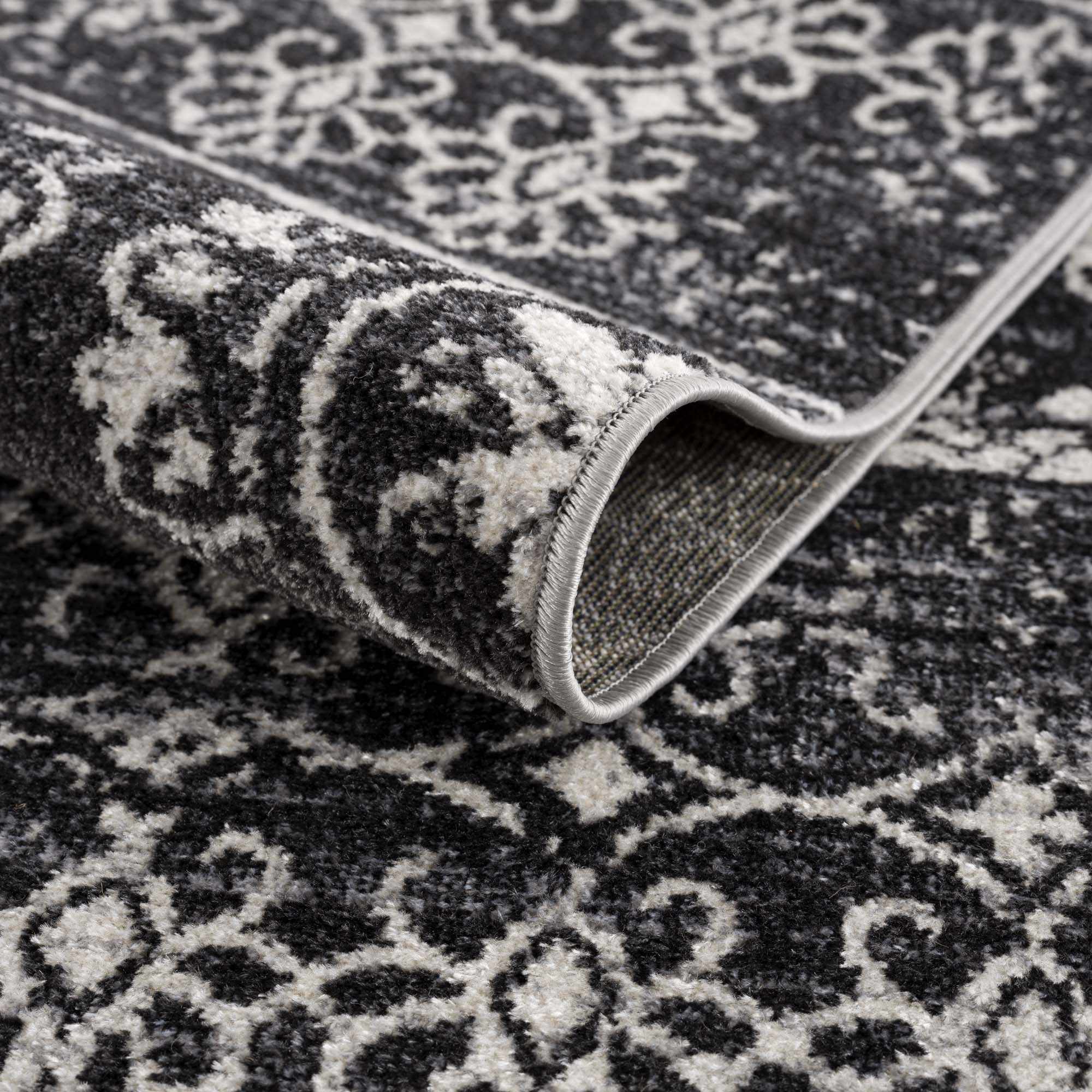 Traditional Charcoal and Ivory Low Pile Washable Area Rug - Image 7