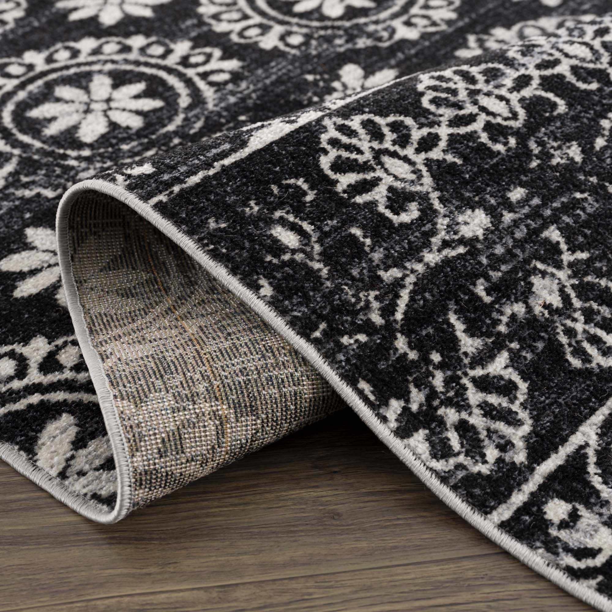 Traditional Charcoal and Ivory Low Pile Washable Area Rug - Image 8