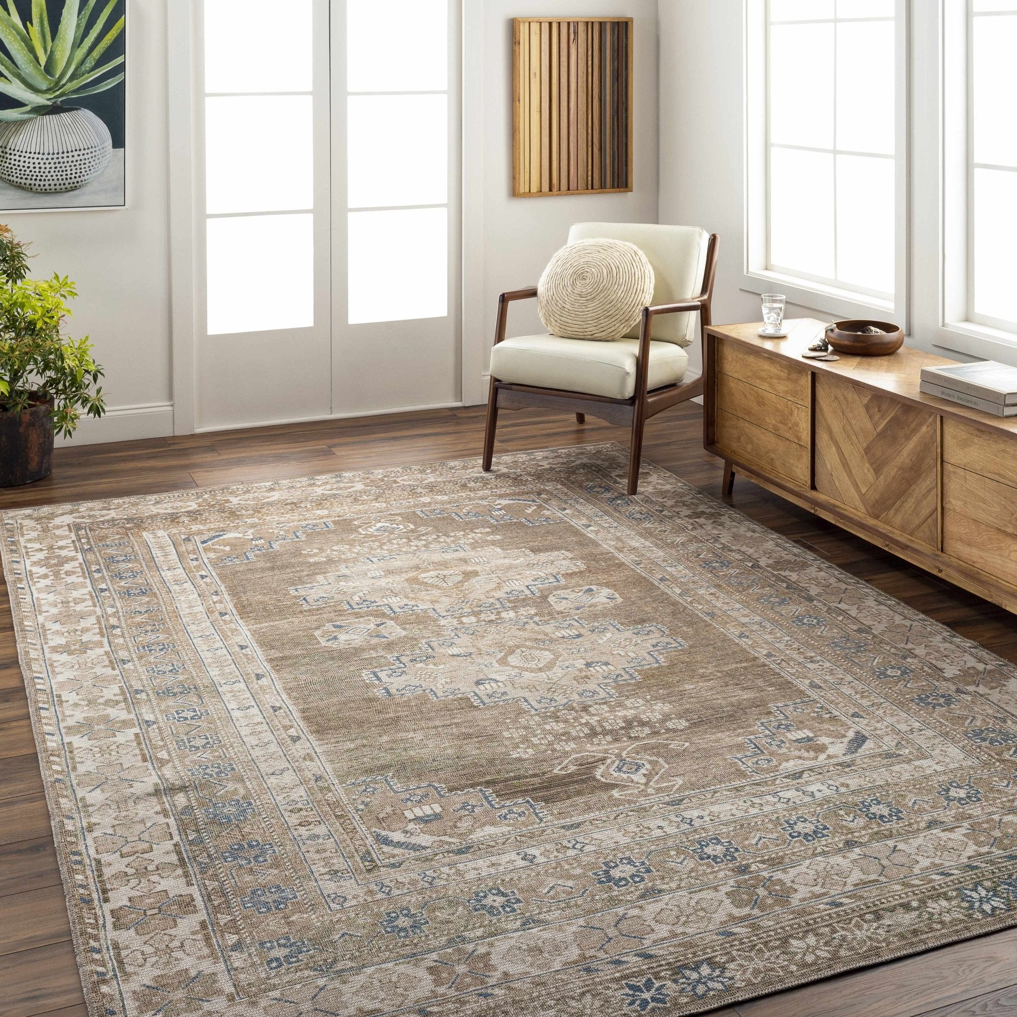 Earthy Turkish Design Dusty Sage And Cream Machine-Washable Rug - Image 16