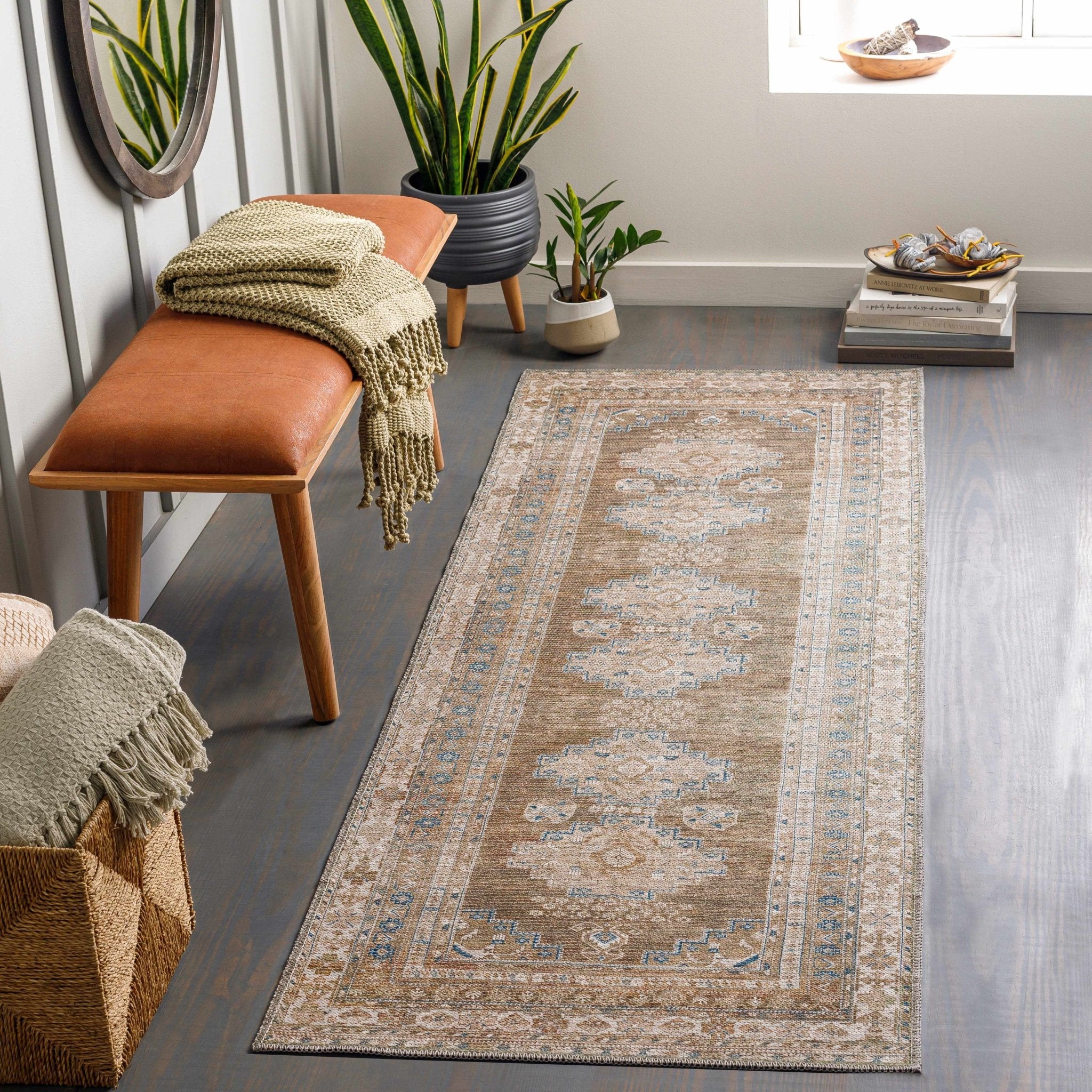 Earthy Turkish Design Dusty Sage And Cream Machine-Washable Rug - Image 6