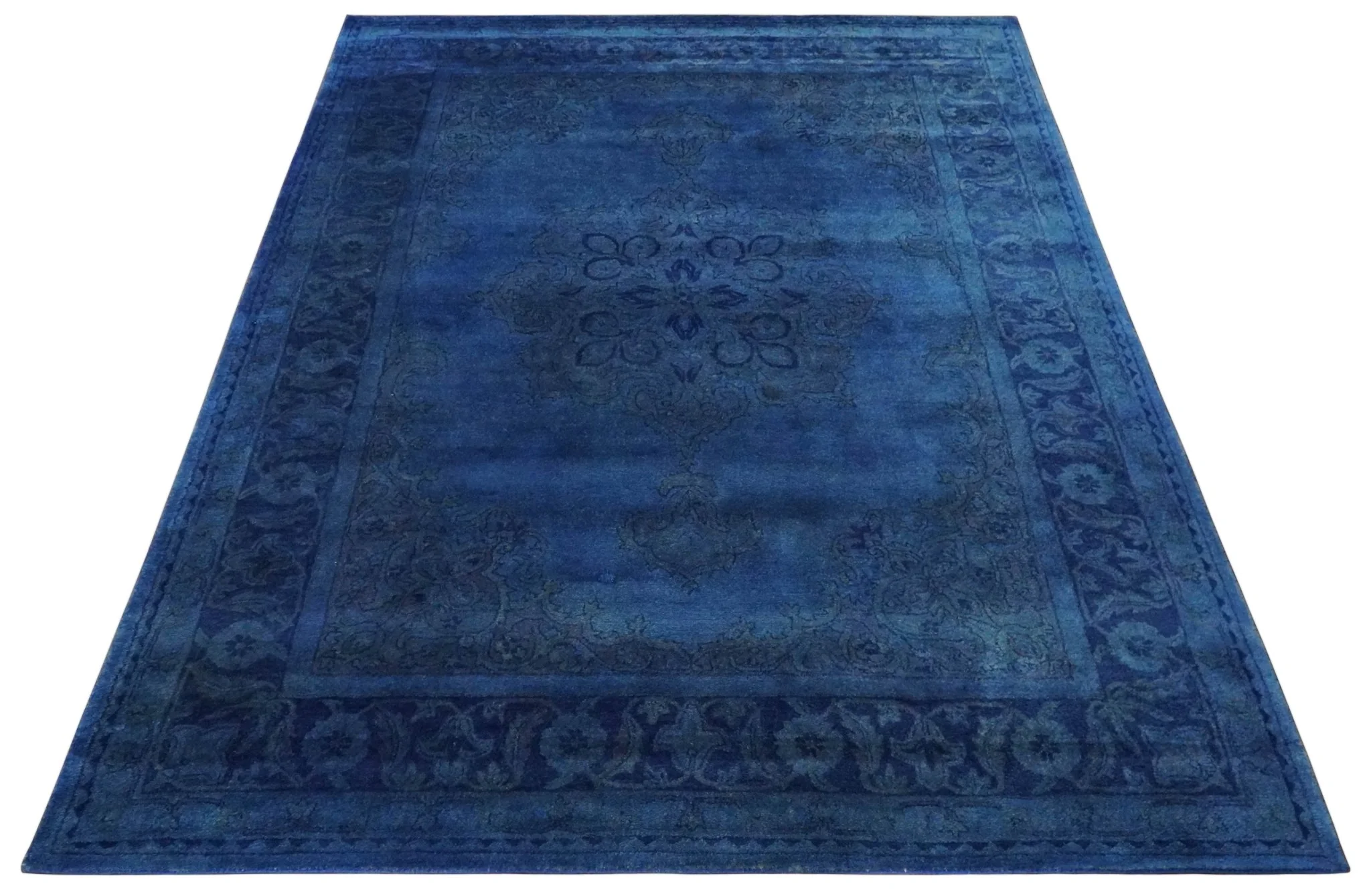 Traditional Design Overdyed Blue Hand Tufted Wool Area Rug - Image 8