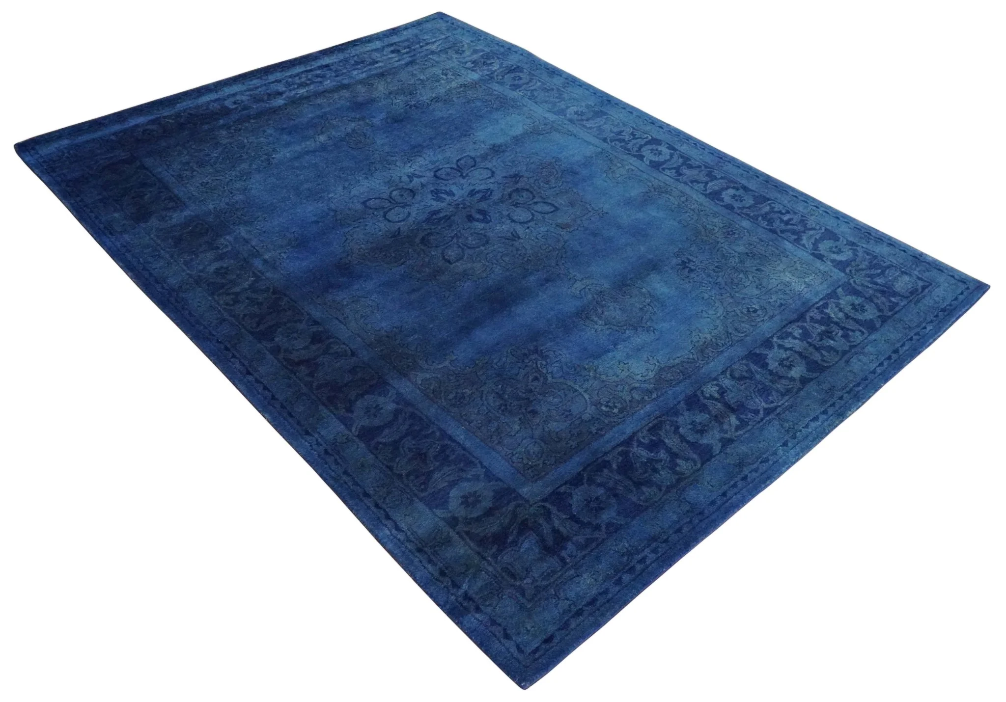 Traditional Design Overdyed Blue Hand Tufted Wool Area Rug - Image 9