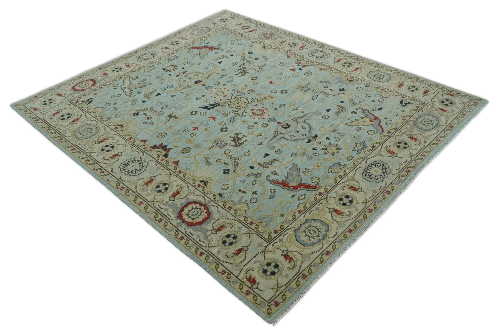 Traditional Aqua and Beige Hand knotted Oriental Oushak Custom Made wool Area Rug - Image 2