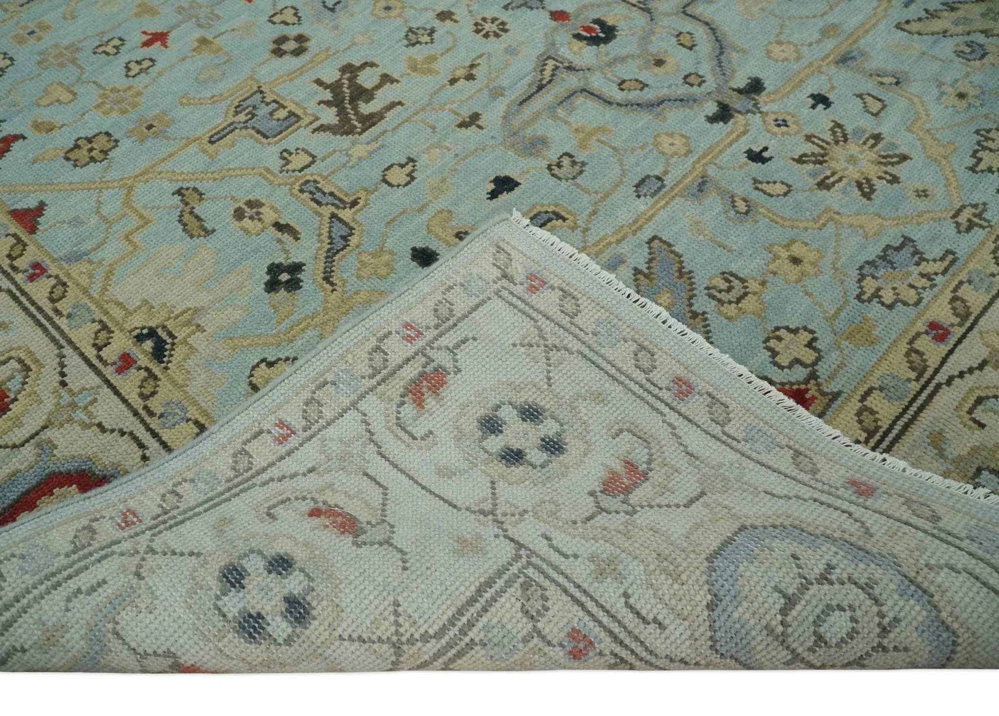 Traditional Aqua and Beige Hand knotted Oriental Oushak Custom Made wool Area Rug - Image 3