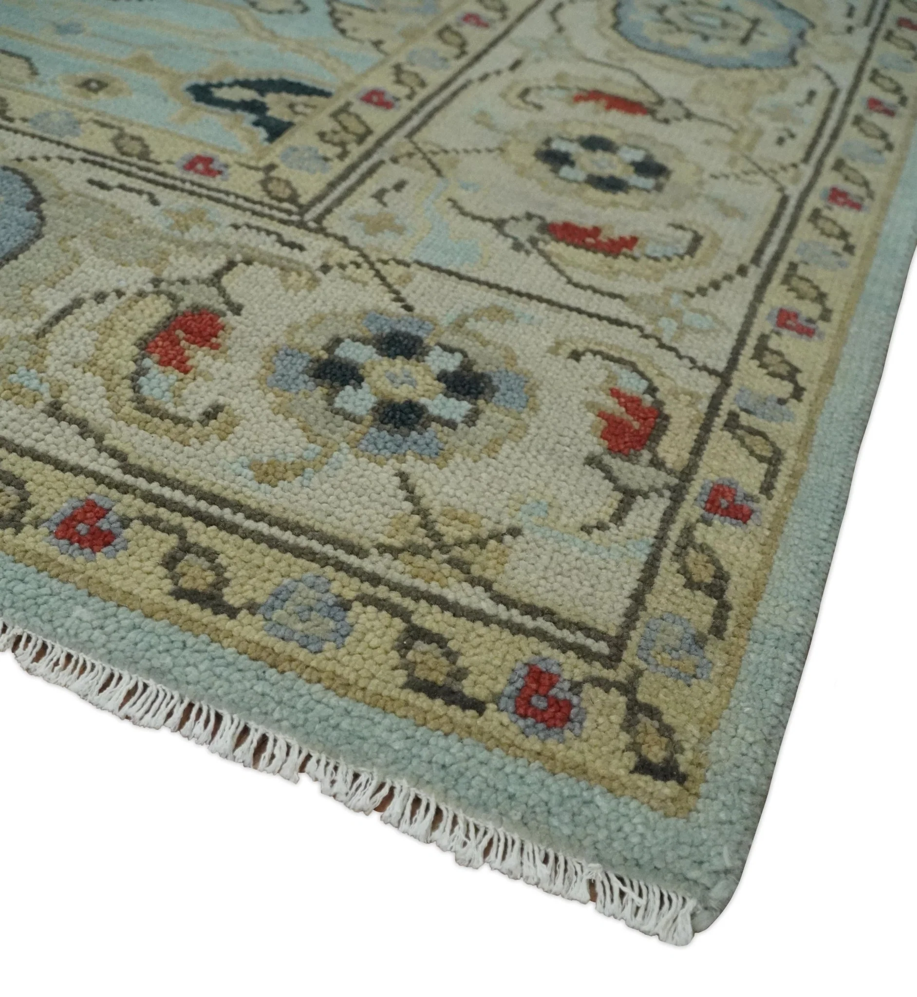 Traditional Aqua and Beige Hand knotted Oriental Oushak Custom Made wool Area Rug - Image 5