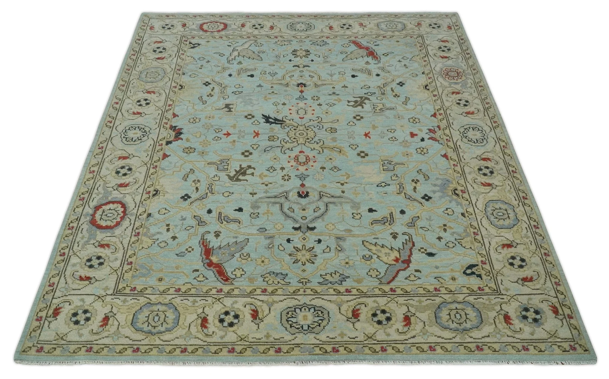 Traditional Aqua and Beige Hand knotted Oriental Oushak Custom Made wool Area Rug - Image 6
