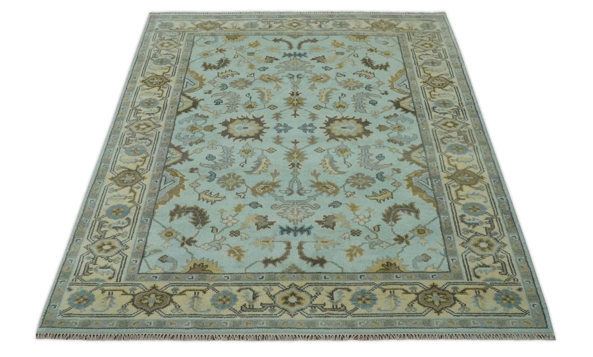 Traditional Floral Aqua, Beige and Taupe Hand Knotted 6x9 wool area rug - Image 10