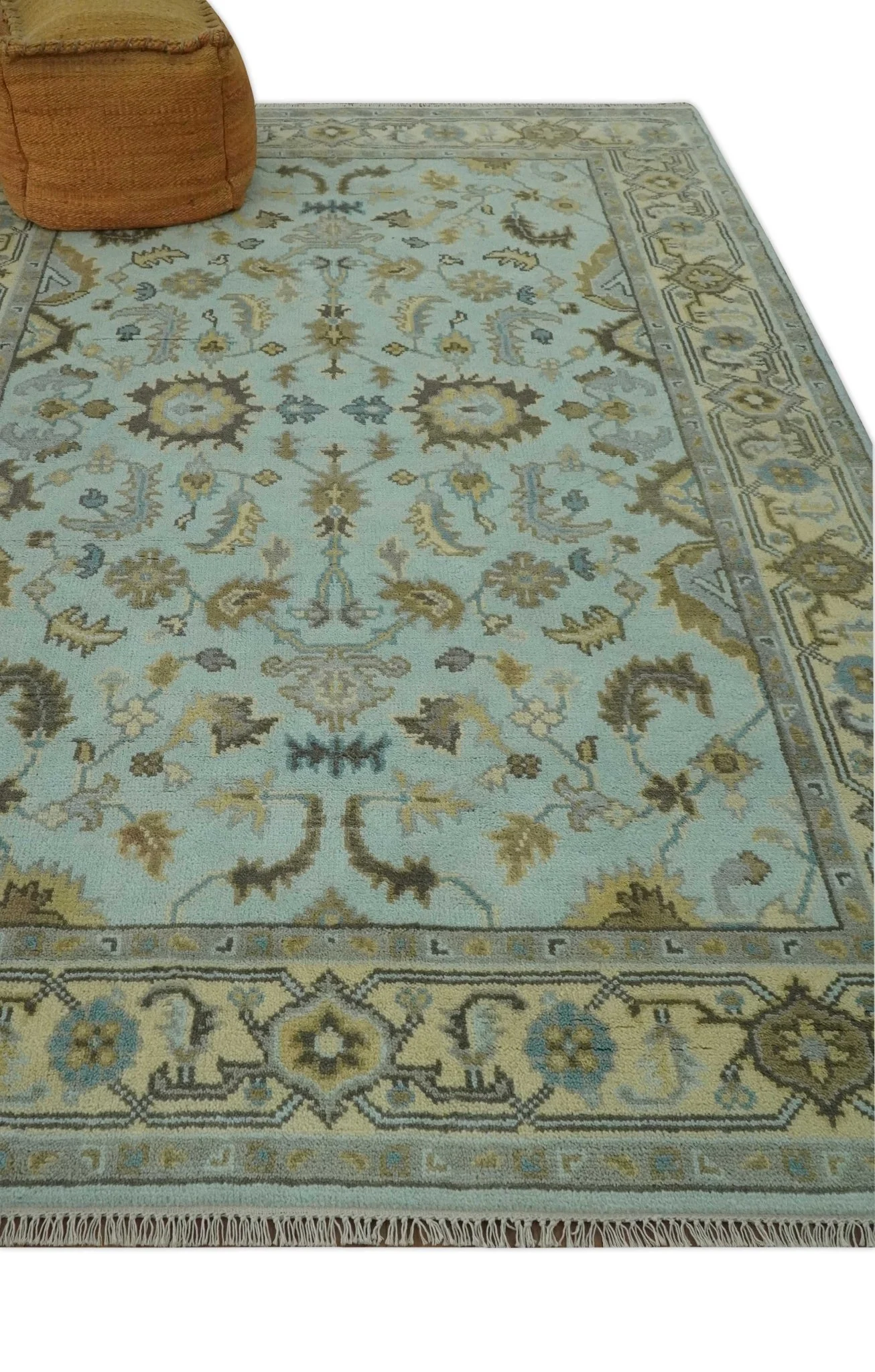 Traditional Floral Aqua, Beige and Taupe Hand Knotted 6x9 wool area rug - Image 3
