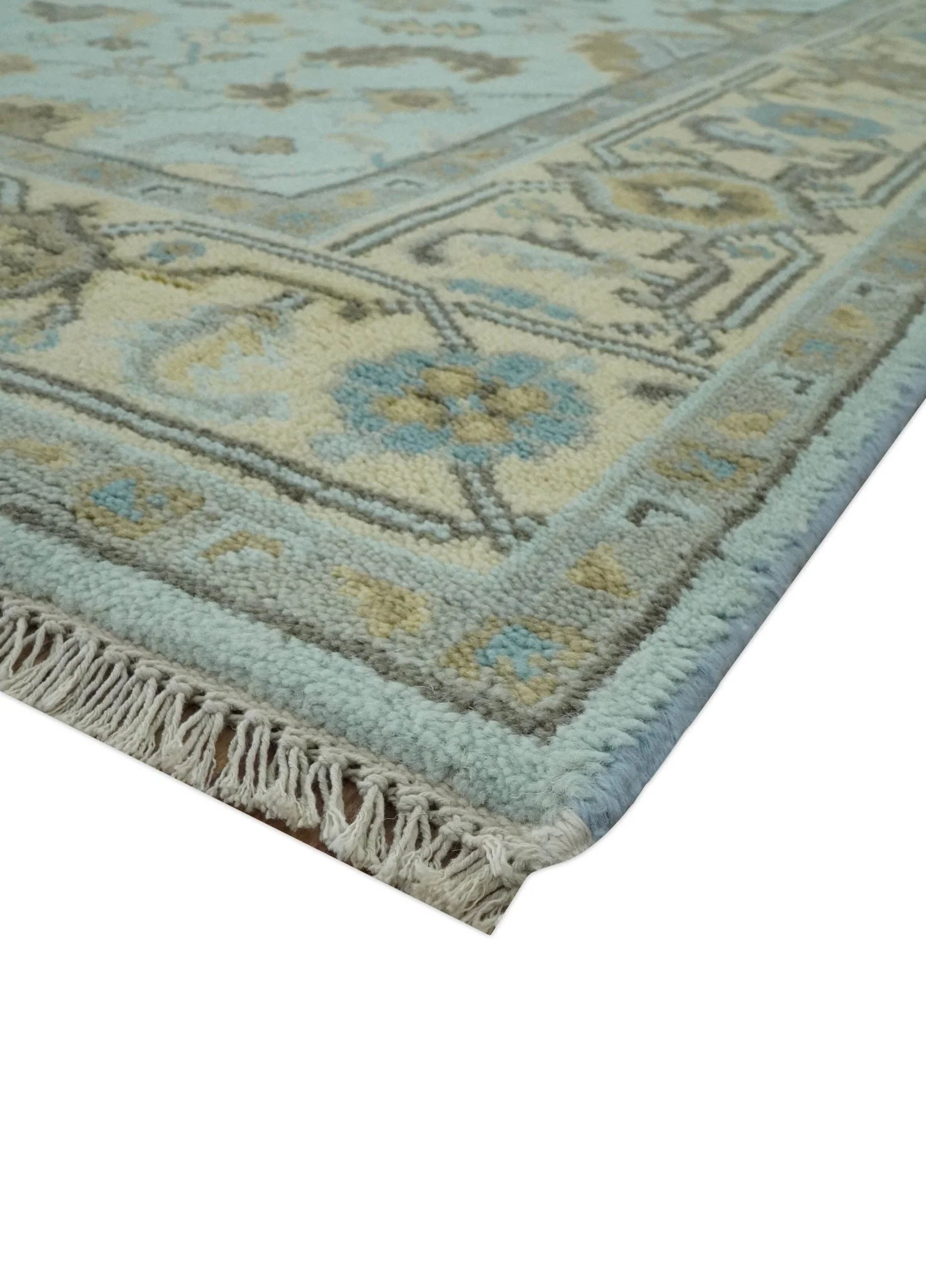 Traditional Floral Aqua, Beige and Taupe Hand Knotted 6x9 wool area rug - Image 5