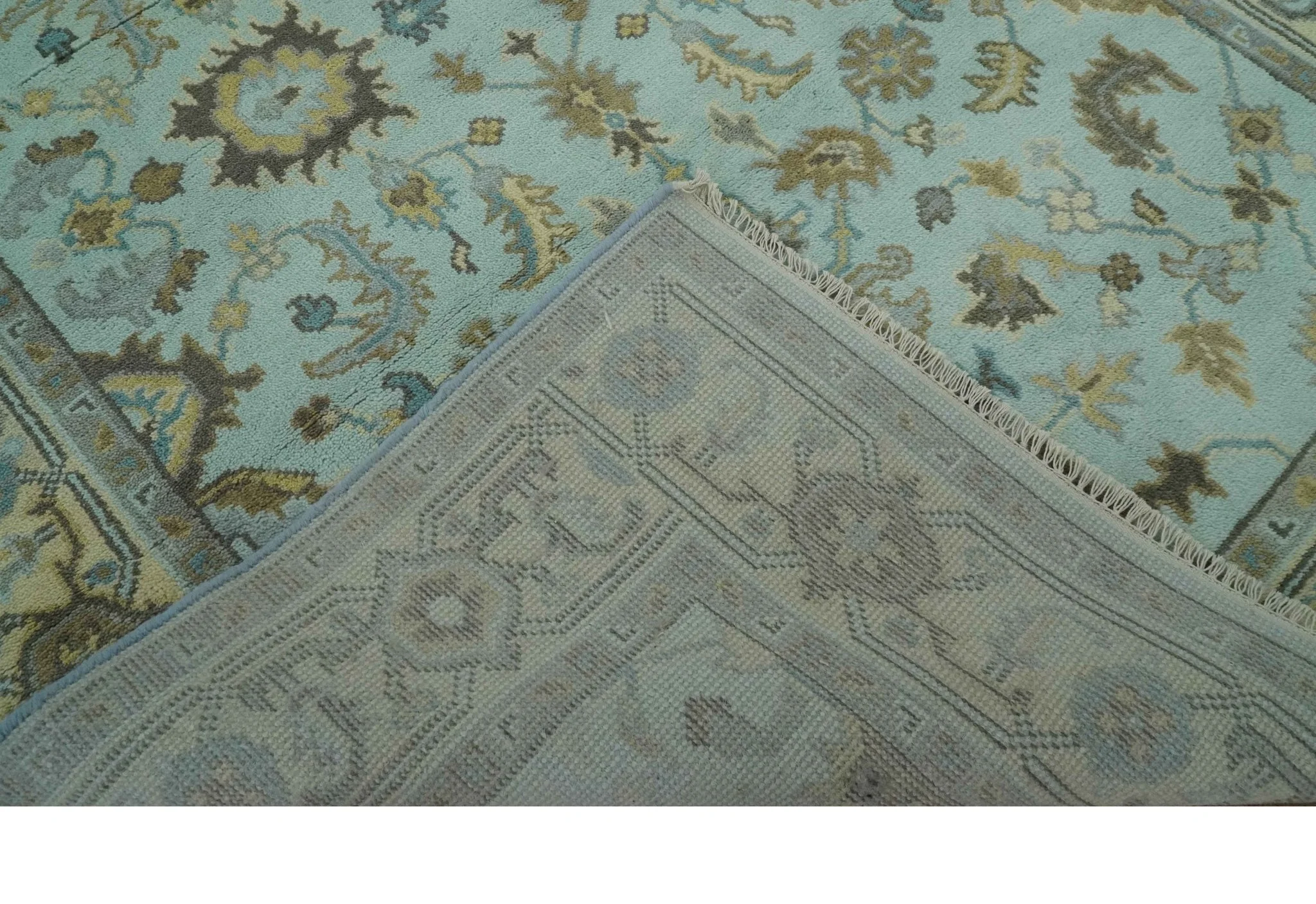 Traditional Floral Aqua, Beige and Taupe Hand Knotted 6x9 wool area rug - Image 7