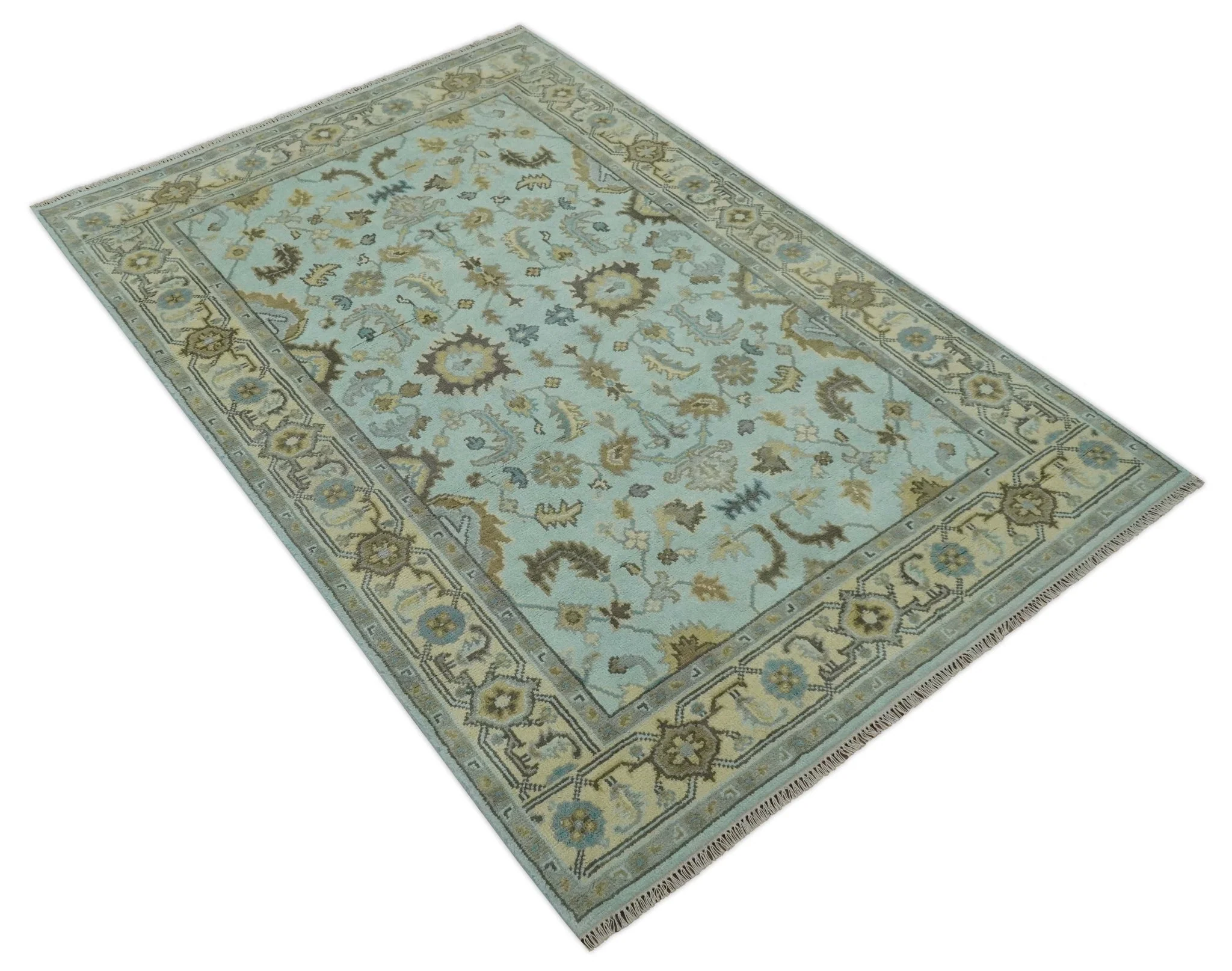 Traditional Floral Aqua, Beige and Taupe Hand Knotted 6x9 wool area rug - Image 9