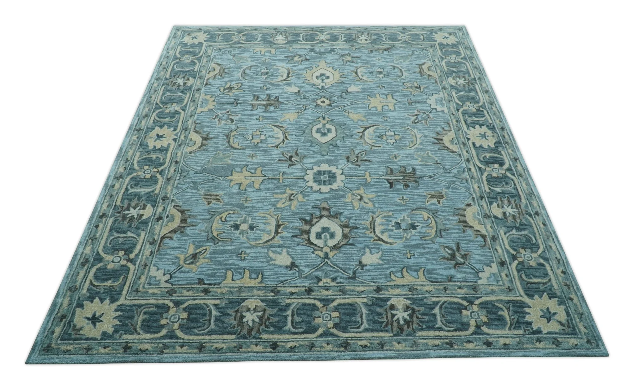 Traditional Floral Aqua, Gray and Beige Hand Tufted Multi size wool area rug - Image 10