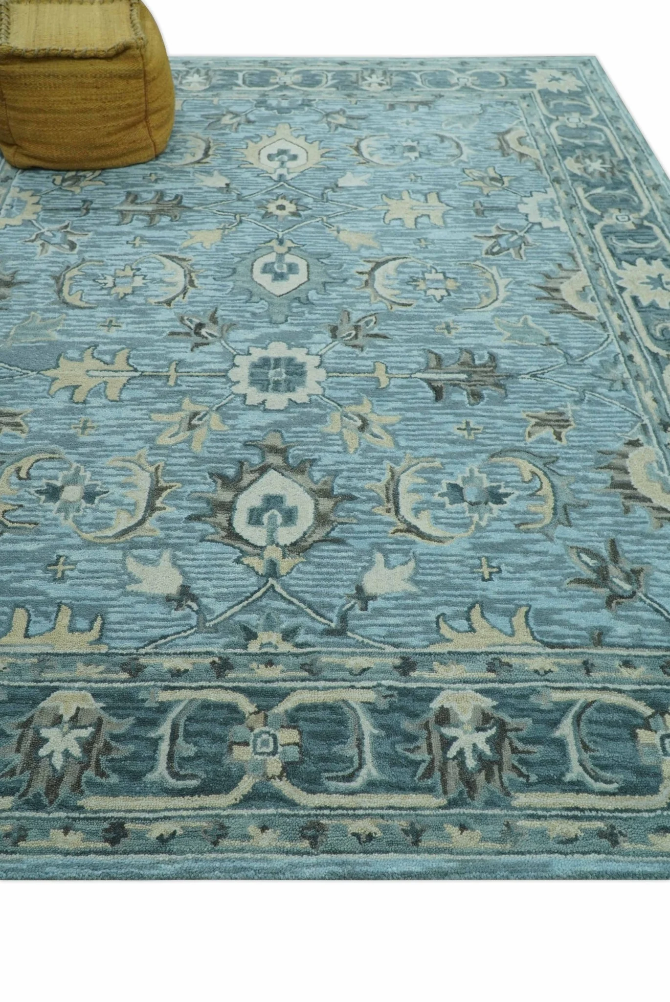 Traditional Floral Aqua, Gray and Beige Hand Tufted Multi size wool area rug - Image 3