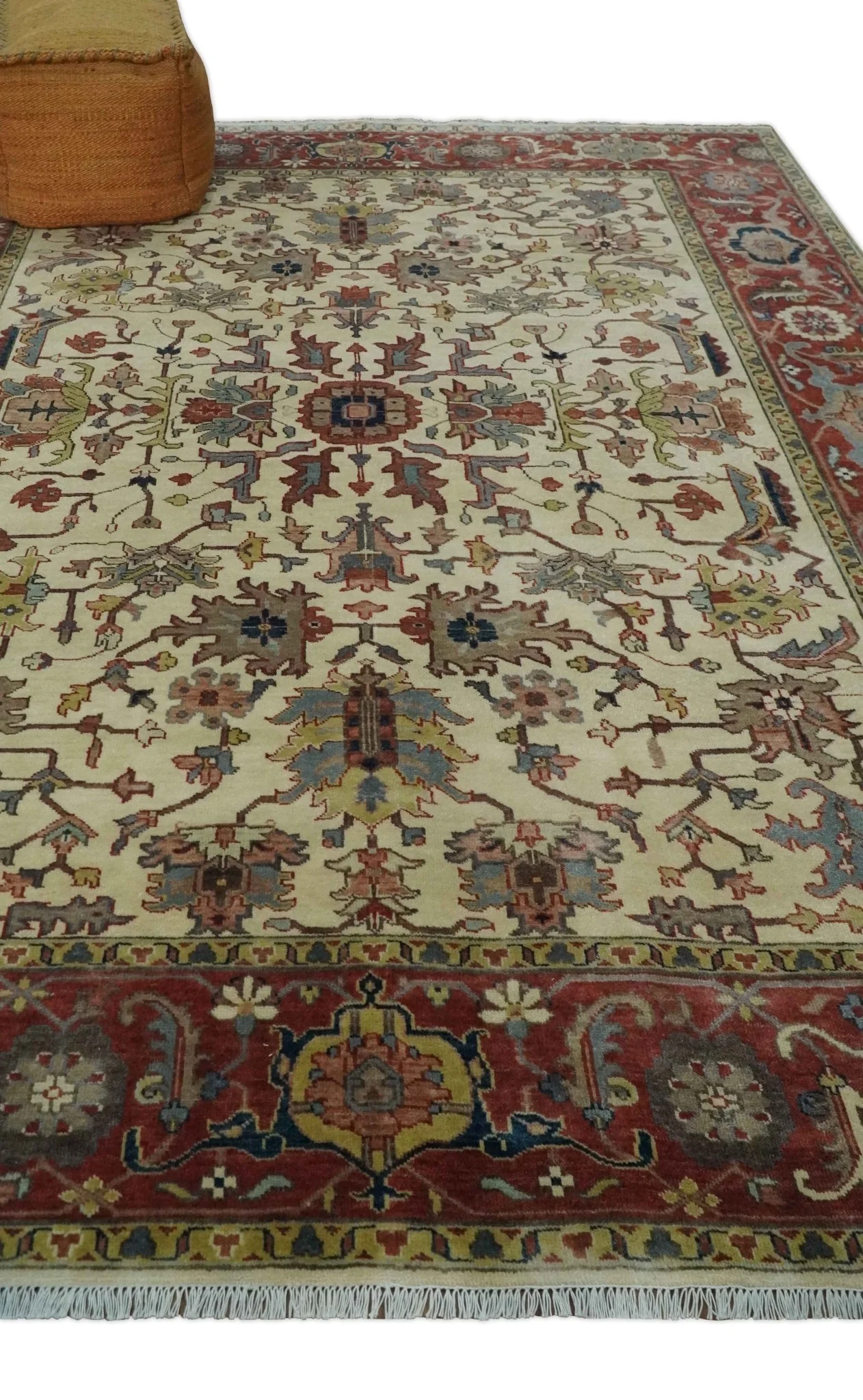 Traditional Floral Beige and Brown Vintage Style Hand knotted 8x10 wool Area Rug - Image 3