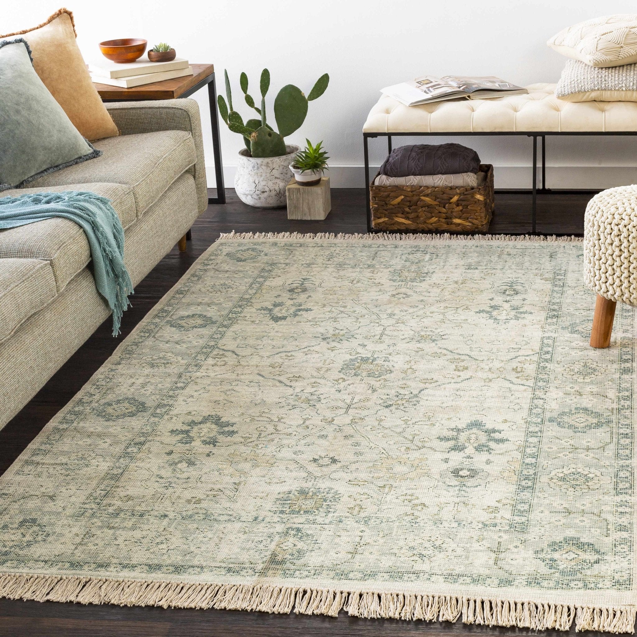Traditional Floral Beige and Green Hand Woven Oriental area rug - Image 2
