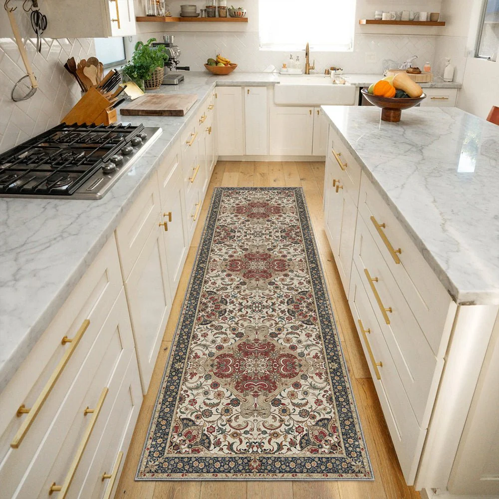 Traditional Floral Beige And Maroon Machine Washable Cotton Rug - Image 3