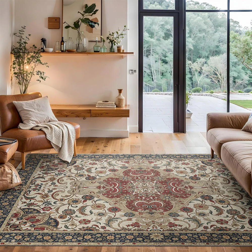 Traditional Floral Beige And Maroon Machine Washable Cotton Rug - Image 5