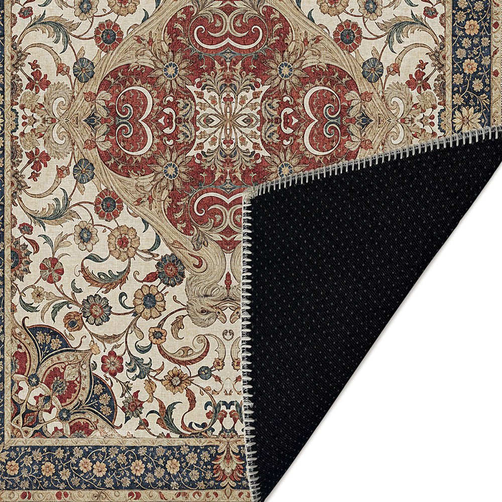Traditional Floral Beige And Maroon Machine Washable Cotton Rug - Image 6