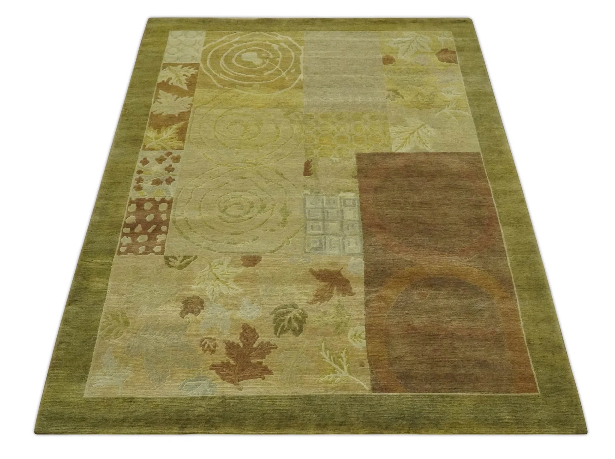 Traditional Floral Block Design Olive, Green and Brown Hand knotted 6x8 wool Area Rug - Image 10