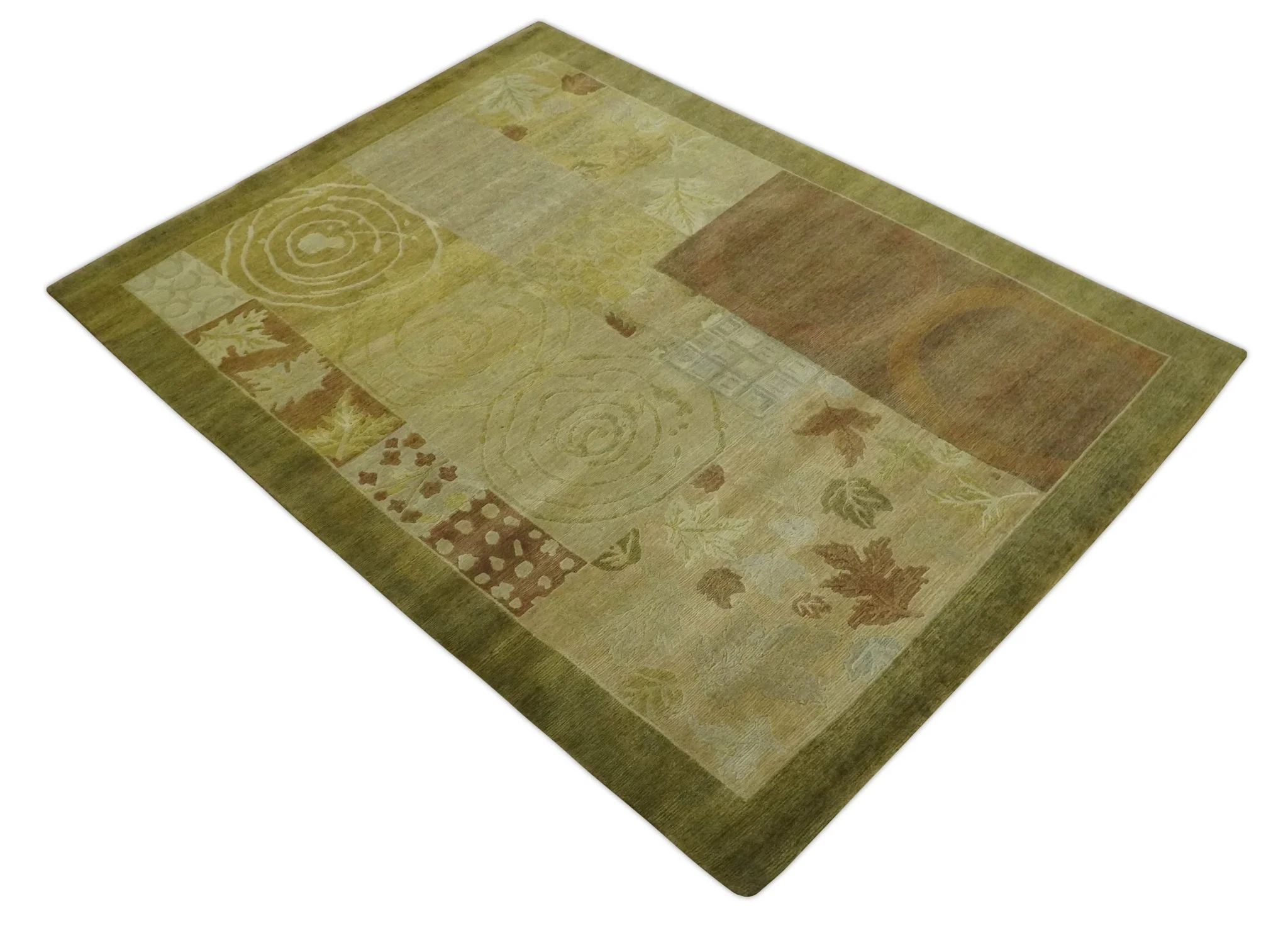 Traditional Floral Block Design Olive, Green and Brown Hand knotted 6x8 wool Area Rug - Image 9