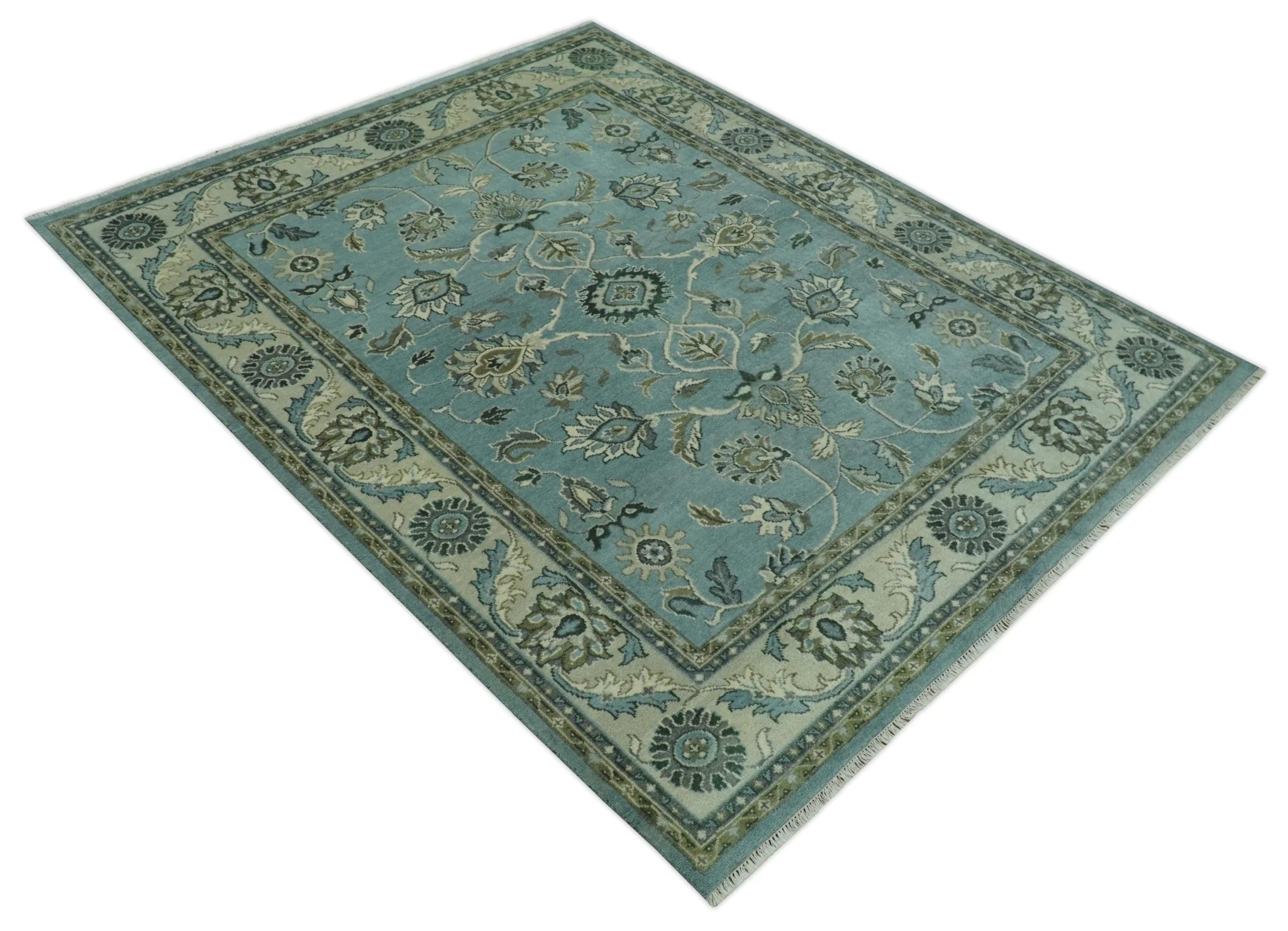 Traditional Floral Blue and Beige 8X10 Antique Style Hand Knotted Wool Rug - Image 10