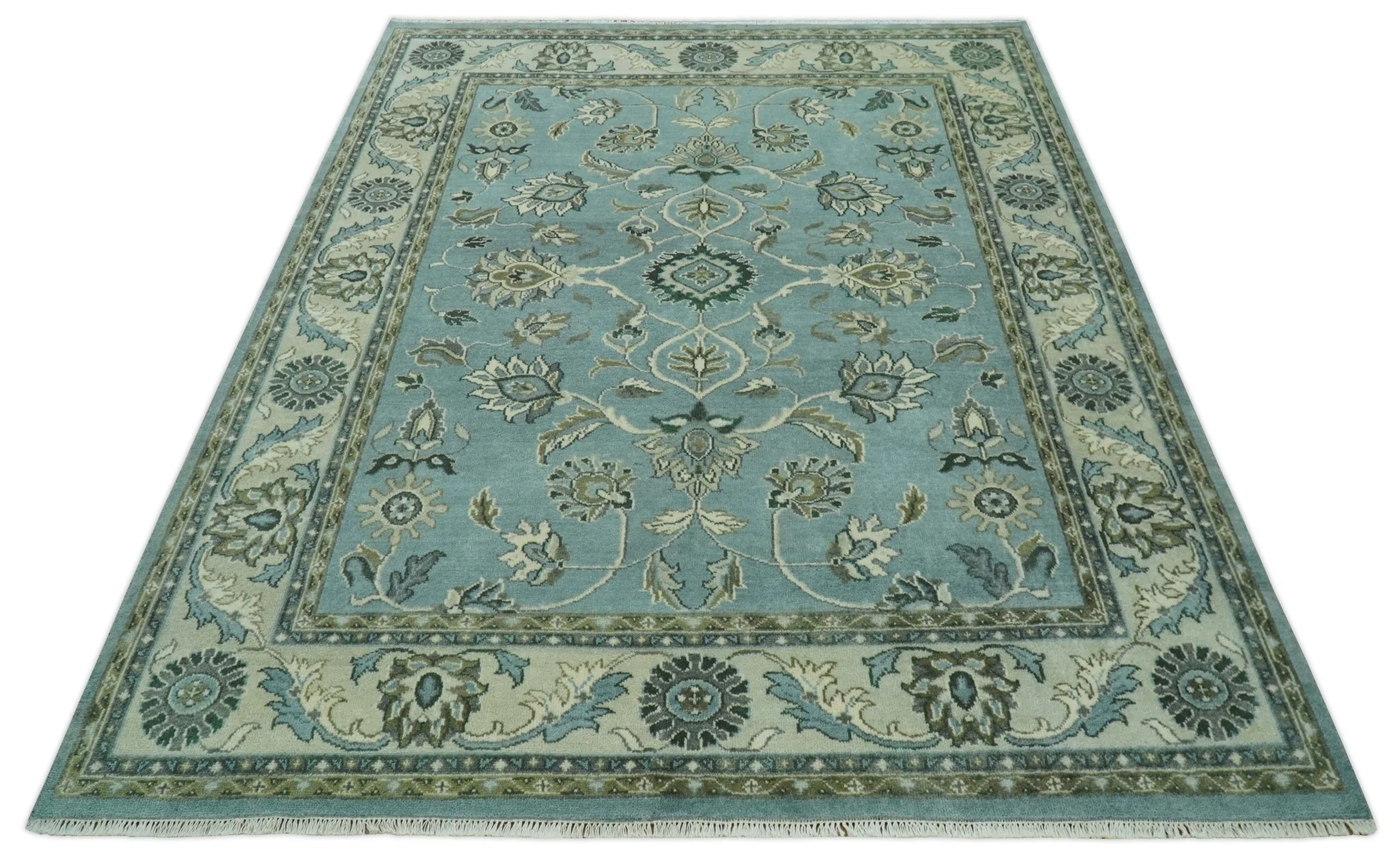 Traditional Floral Blue and Beige 8X10 Antique Style Hand Knotted Wool Rug - Image 11