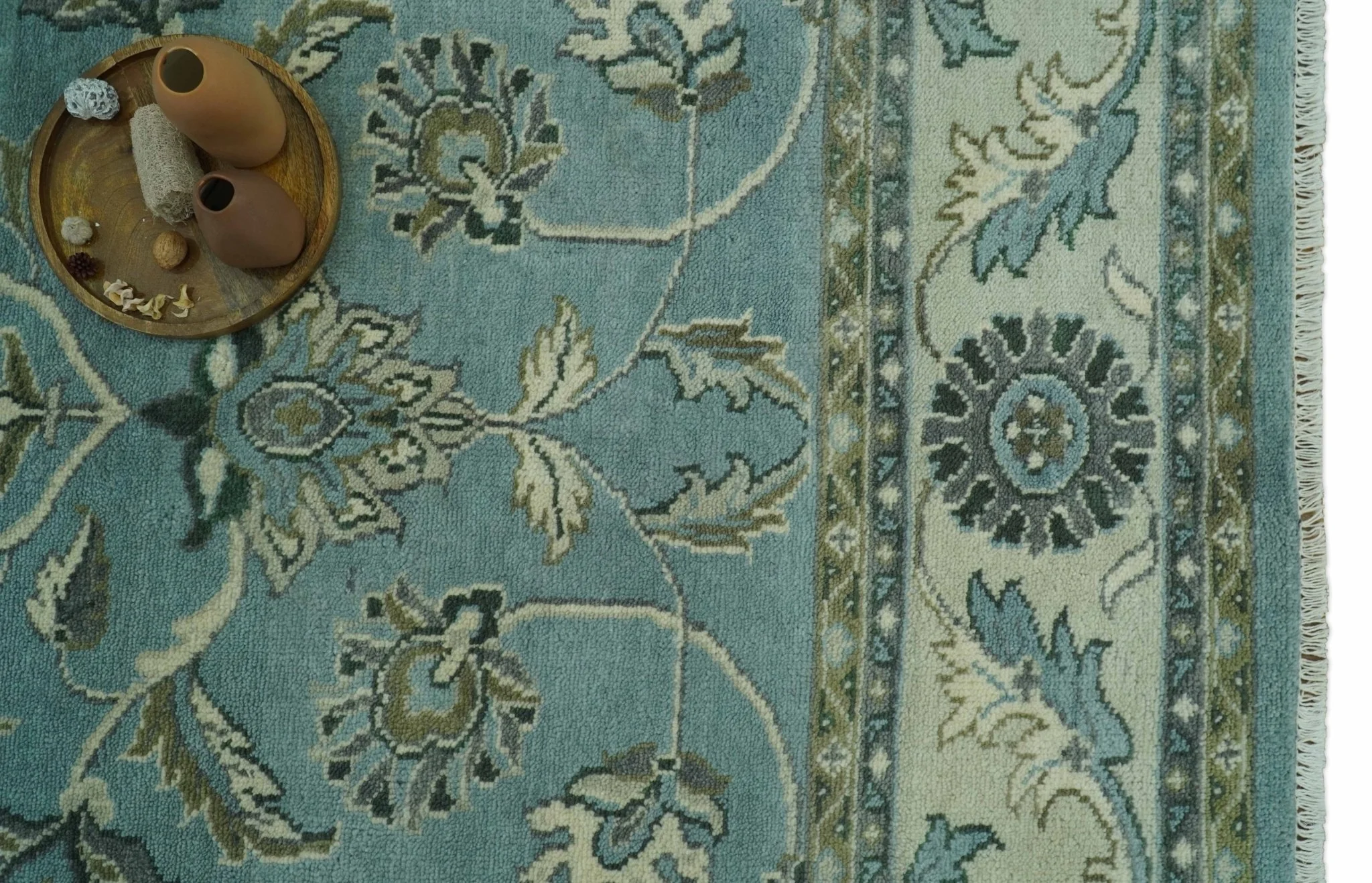 Traditional Floral Blue and Beige 8X10 Antique Style Hand Knotted Wool Rug - Image 12