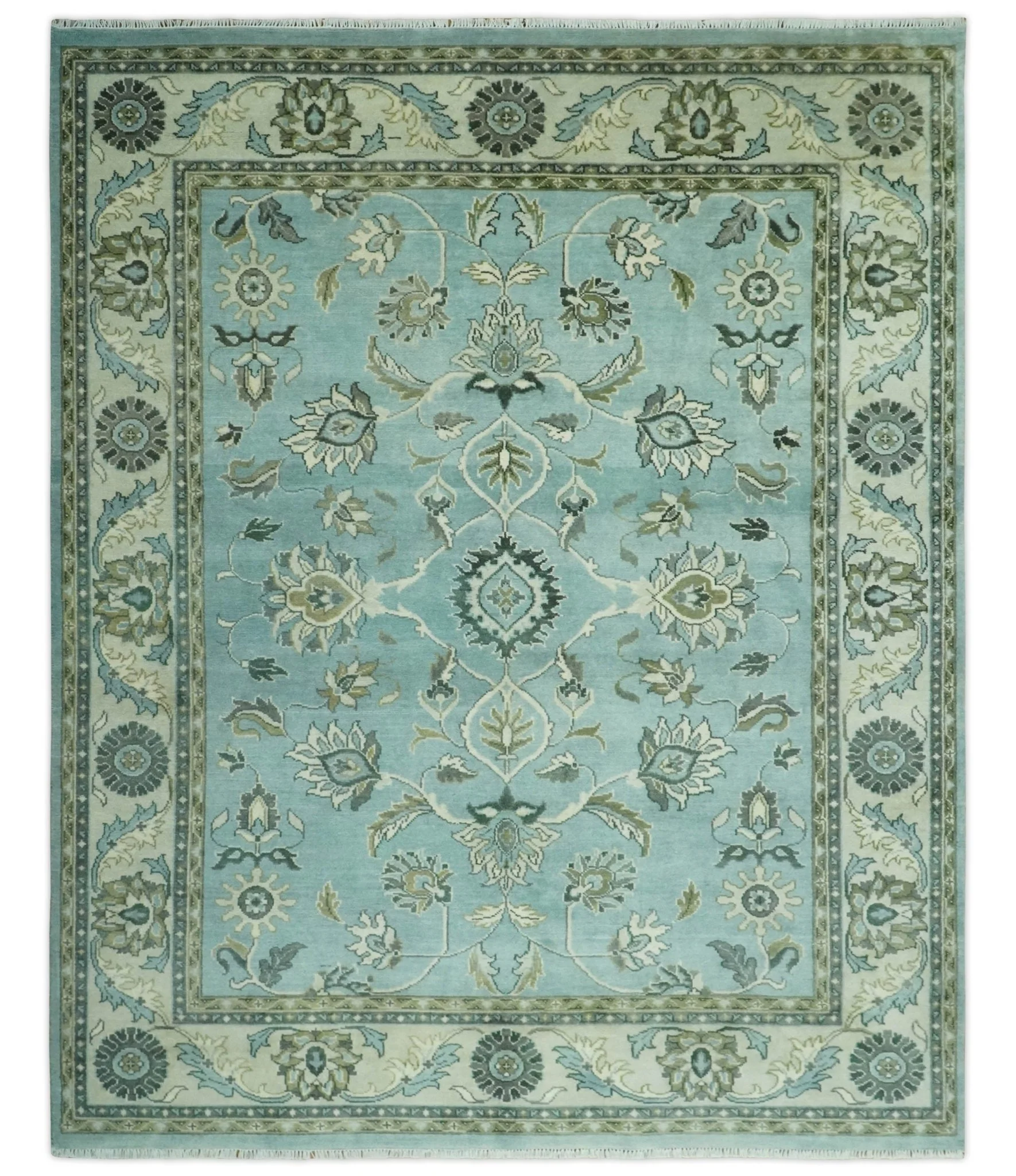 Traditional Floral Blue and Beige 8X10 Antique Style Hand Knotted Wool Rug - Image 13