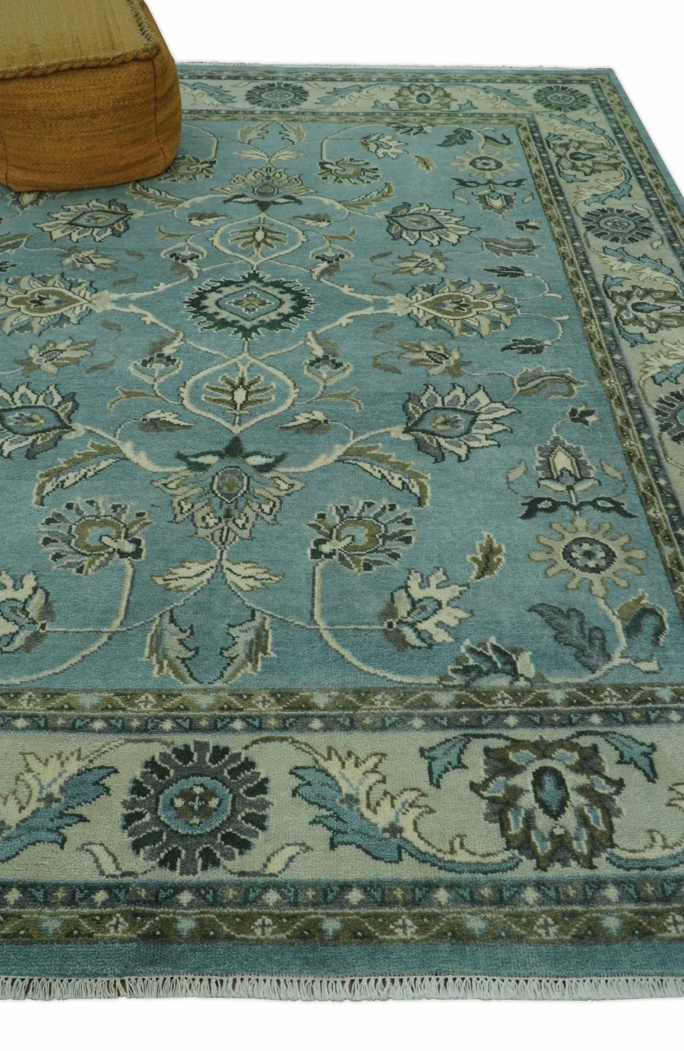 Traditional Floral Blue and Beige 8X10 Antique Style Hand Knotted Wool Rug - Image 3