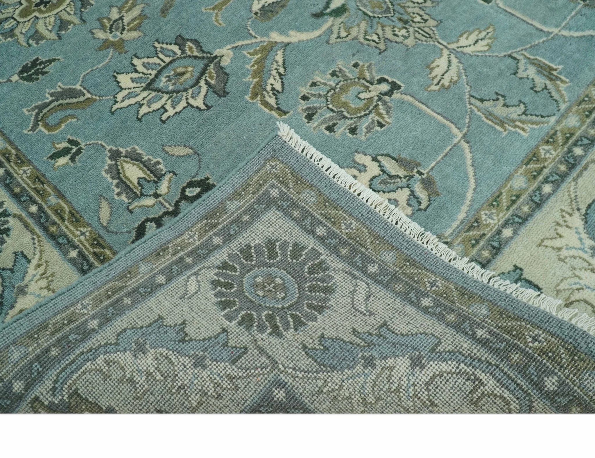 Traditional Floral Blue and Beige 8X10 Antique Style Hand Knotted Wool Rug - Image 6