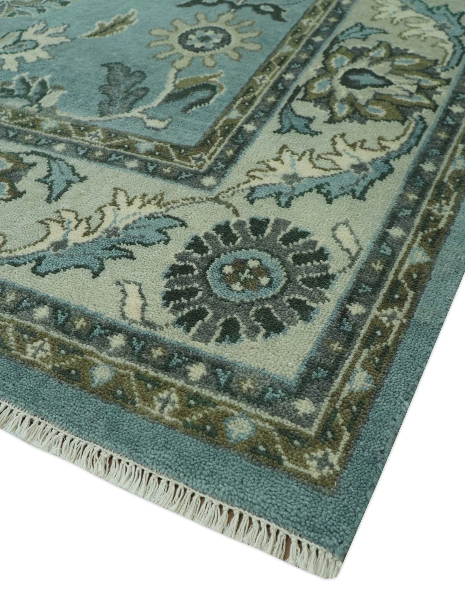 Traditional Floral Blue and Beige 8X10 Antique Style Hand Knotted Wool Rug - Image 7